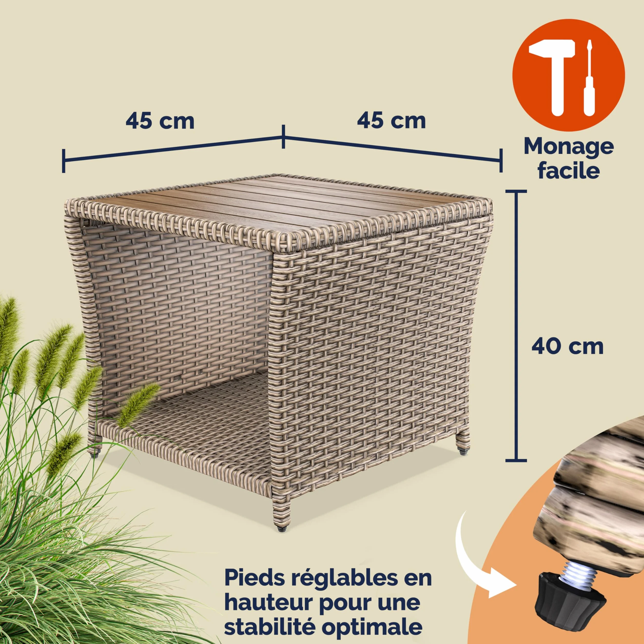 Casaria® Table d'appoint en polyrotin 45x45x40cm crème Plateau en Bois d'acacia Petite Table Basse Jardin Balcon