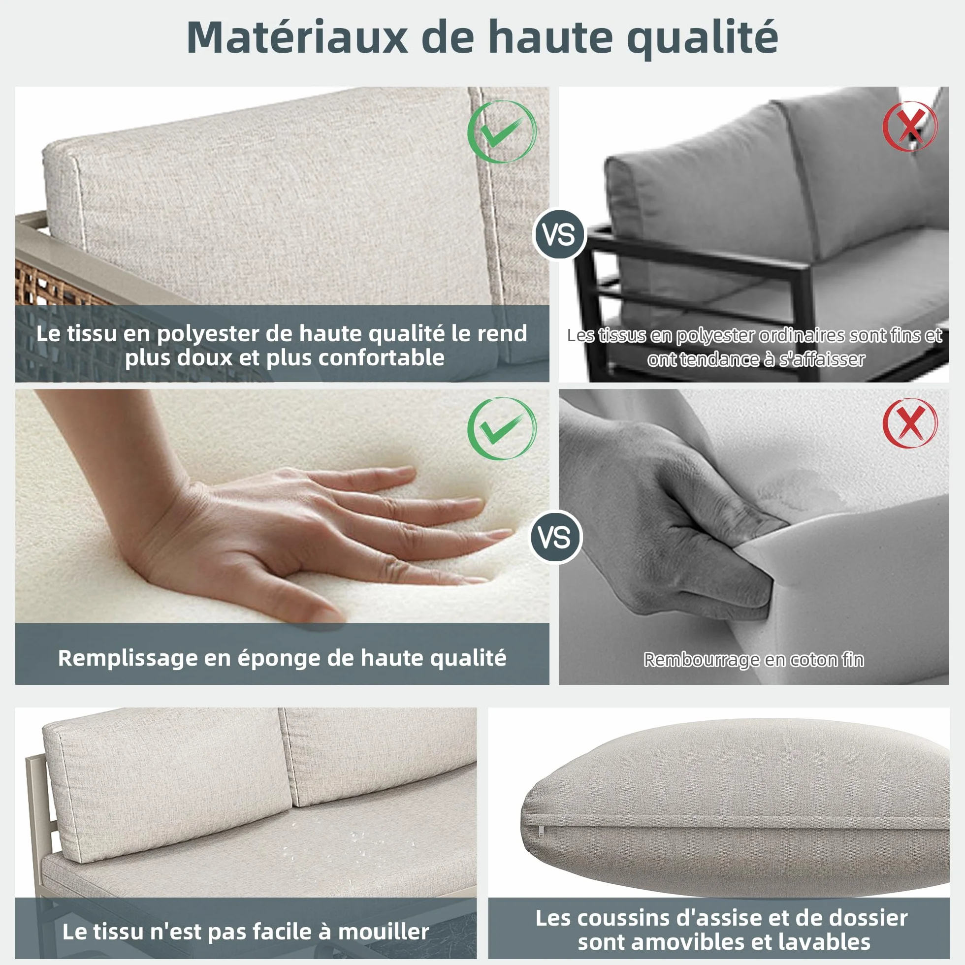 Ensemble Salon de Jardin 6 Pièces Canapé d’Angle Rotin Pieds Réglables Mobilier d’Extérieur Beige