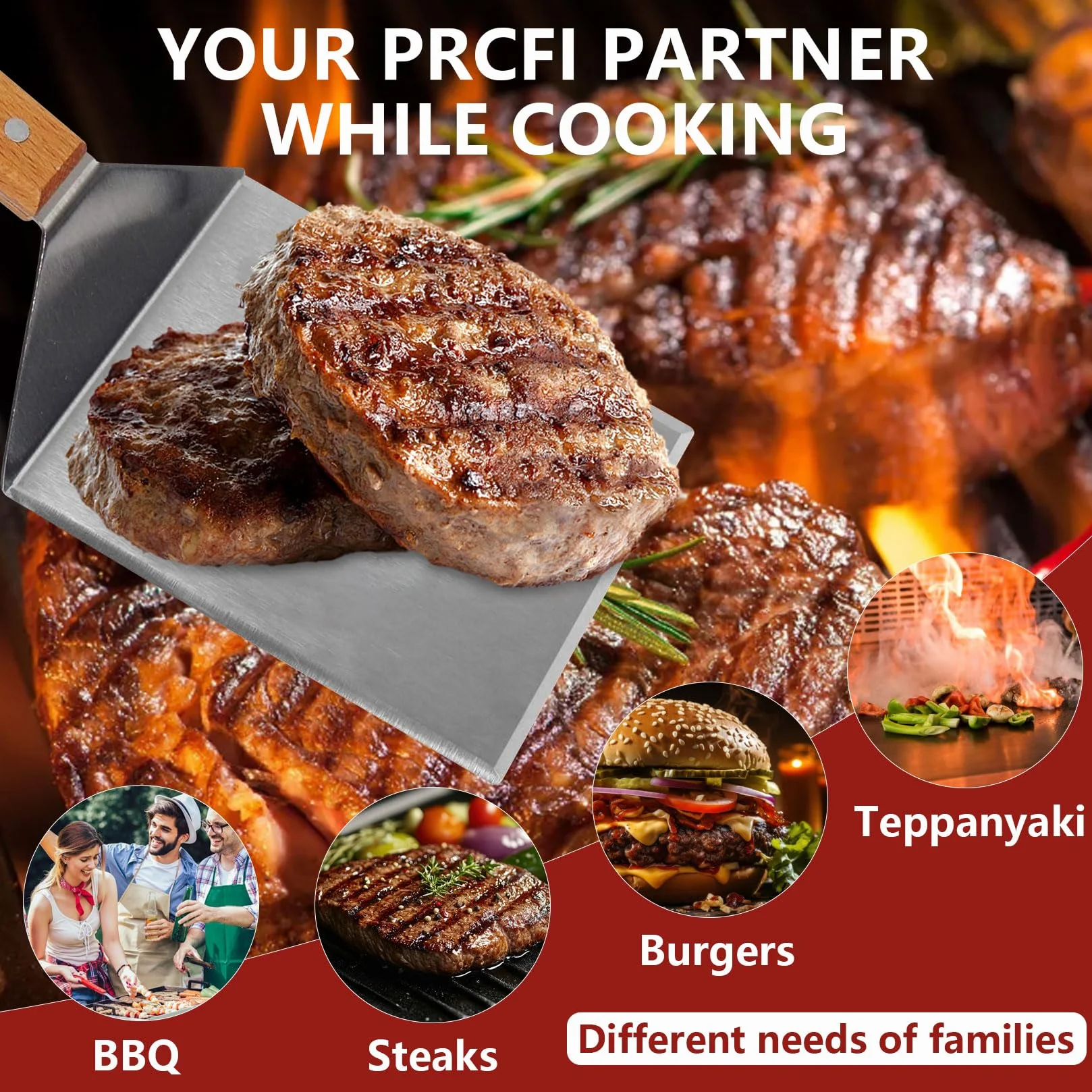 Spatule Plancha Inox avec Manche en Bois pour Barbecue Smash Burger BBQ Ustensile de Cuisine - 2 Pièces