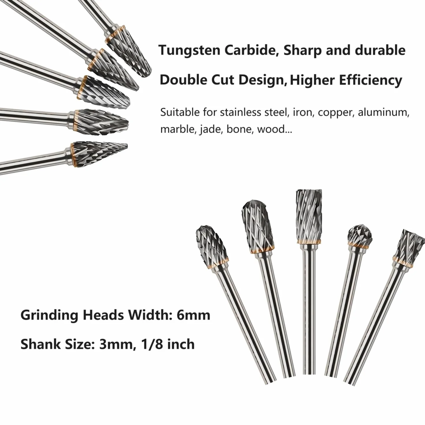 Lot de 10 Fraises Rotatives Acier Carbure de Tungstène Double Coupe, Fraises Rotatives pour Outils électriques, Tige de 1/8 inch (3mm) pour Polissage Métaux, Graveren