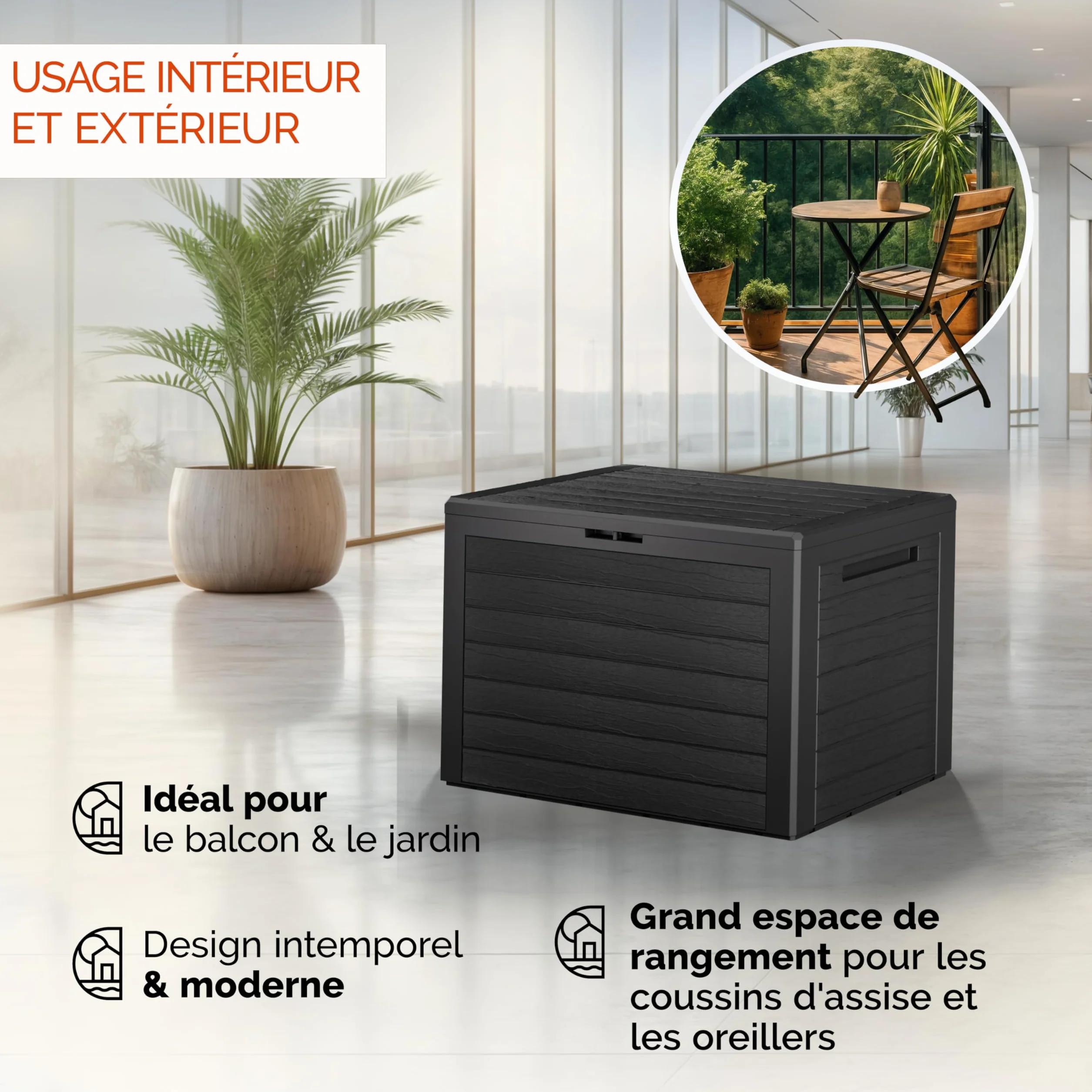 Casaria Coffre de Jardin Exterieur 190 L Anthracite Caisse de rangement étanche Effet Bois