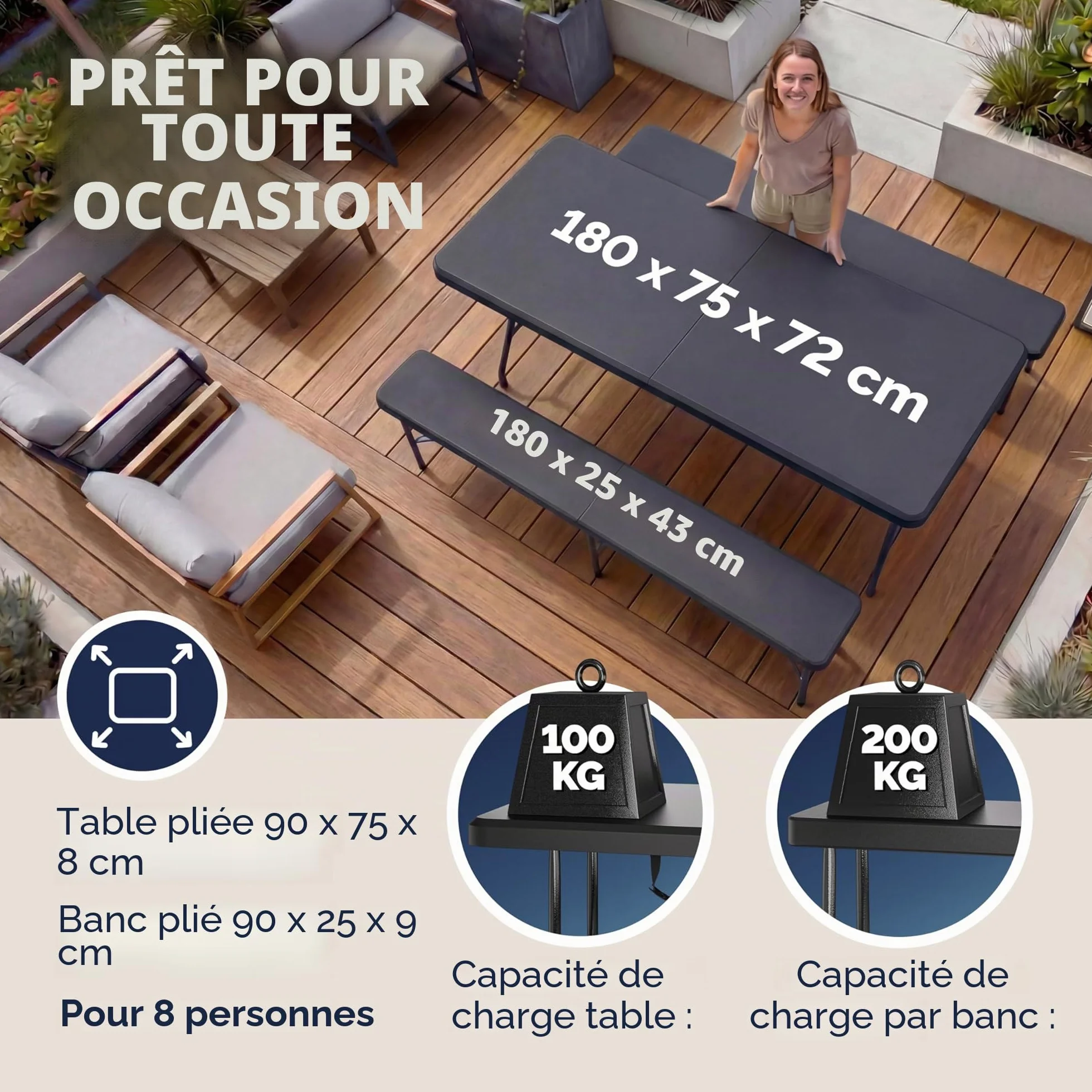 CASARIA Ensemble Table Pliante et 2 Bancs 180 cm Table de Jardin 8 Personnes