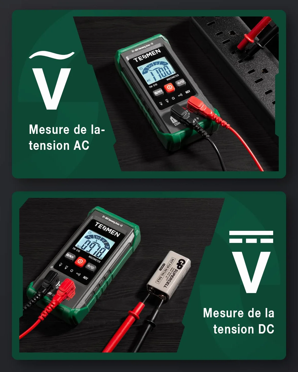 TESMEN TM-510 Multimetre Numerique, Testeur Electrique 4000 Comptes, Multimetre Professionnel Mesure Intelligente, Auto-Ranging Voltmetre, Mesure La Tension AC/DC, Resistance, Continuite – Vert