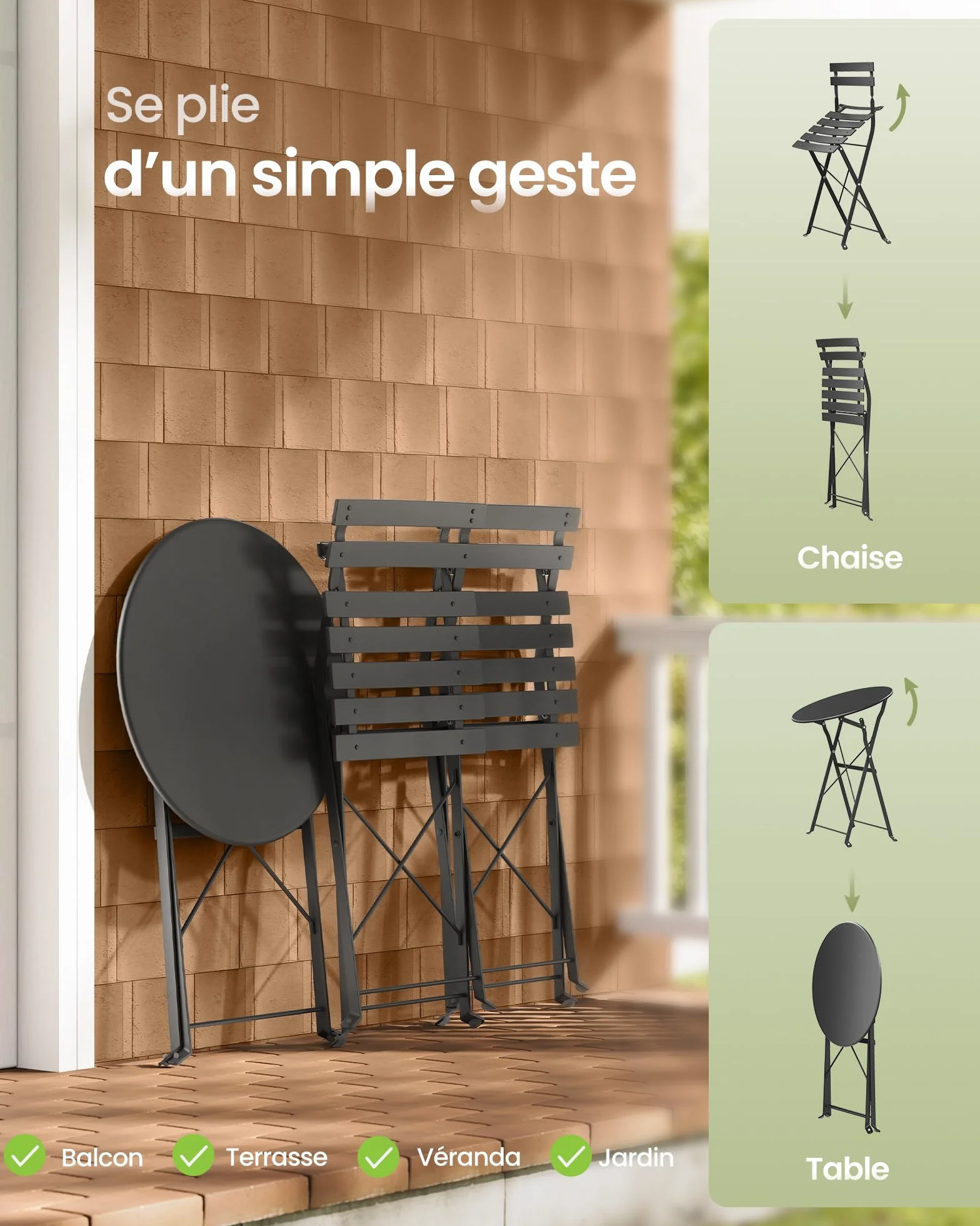 SONGMICS Table de Jardin Exterieur 3 Pièces Pliable Acier Résistant aux Intempéries Noir d'encre