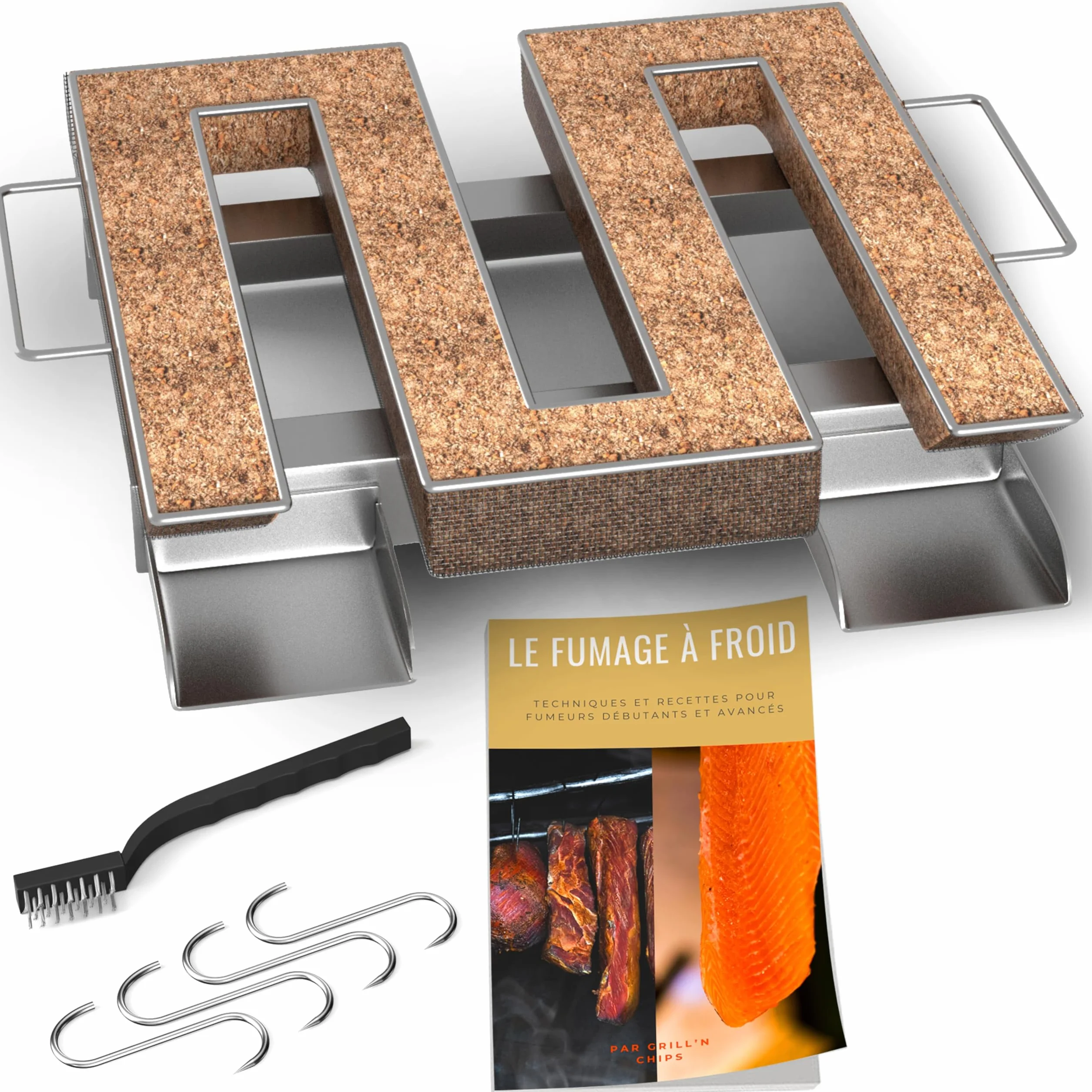 Générateur Serpentin de Fumée Froide Carré pour Fumoir Viande Poisson avec 4 Crochets et Brosse Nettoyage
