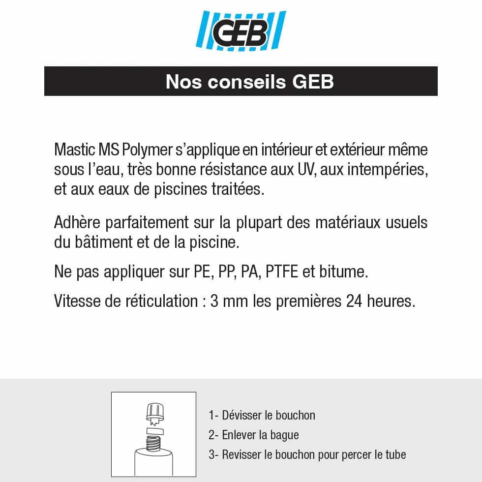 Mastic joint et colle spécial piscine GEB Spécial piscine - Blanc 80 ml - 590925