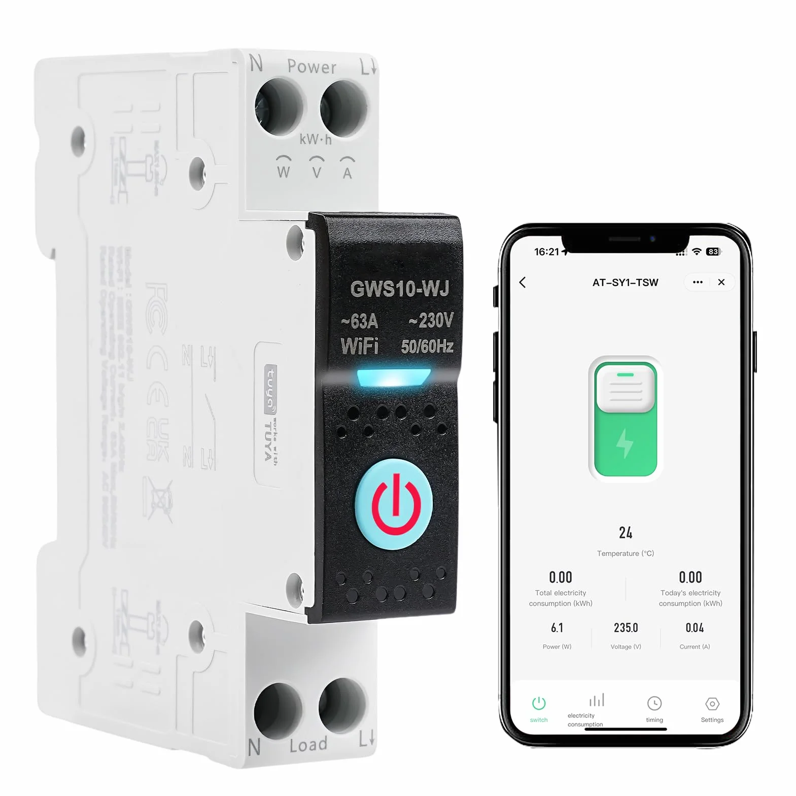 Disjoncteur connecté wifi 63A Tuya interrupteur connecté wifi commande vocale Minuterie AC230V Commutateur de télécommande Mesure Intelligent Compatible avec Alexa et Google Home GWS10-WJ