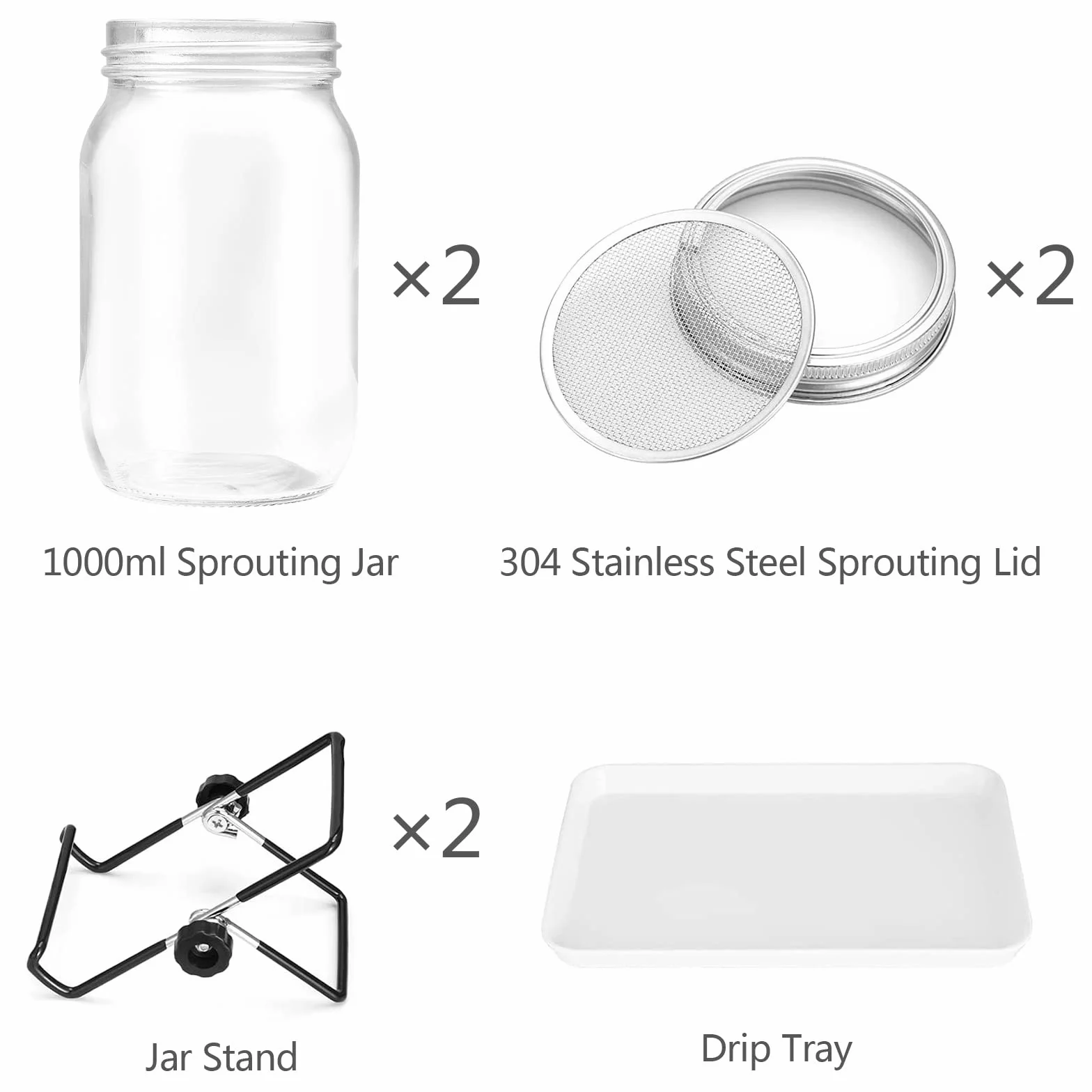 Bocaux à Germer en Verre 950 ML Lot de 2 avec Supports Réglables et Filtres en Acier Inoxydable