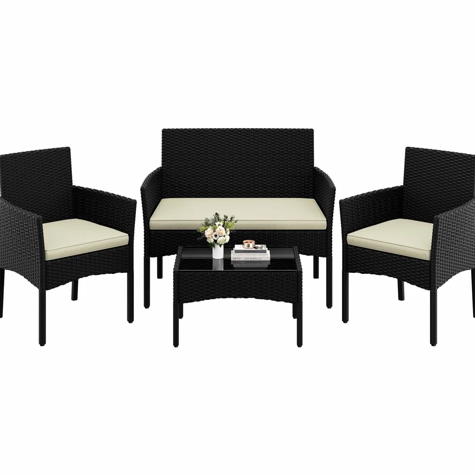 Yaheetech Salon de Jardin 4 Personnes Polyrotin Métal Mobilier d'extérieur 4 Pièces avec Coussin Canapé 2 Places 2 Fauteuils 1 Table Basse Noir/Beige