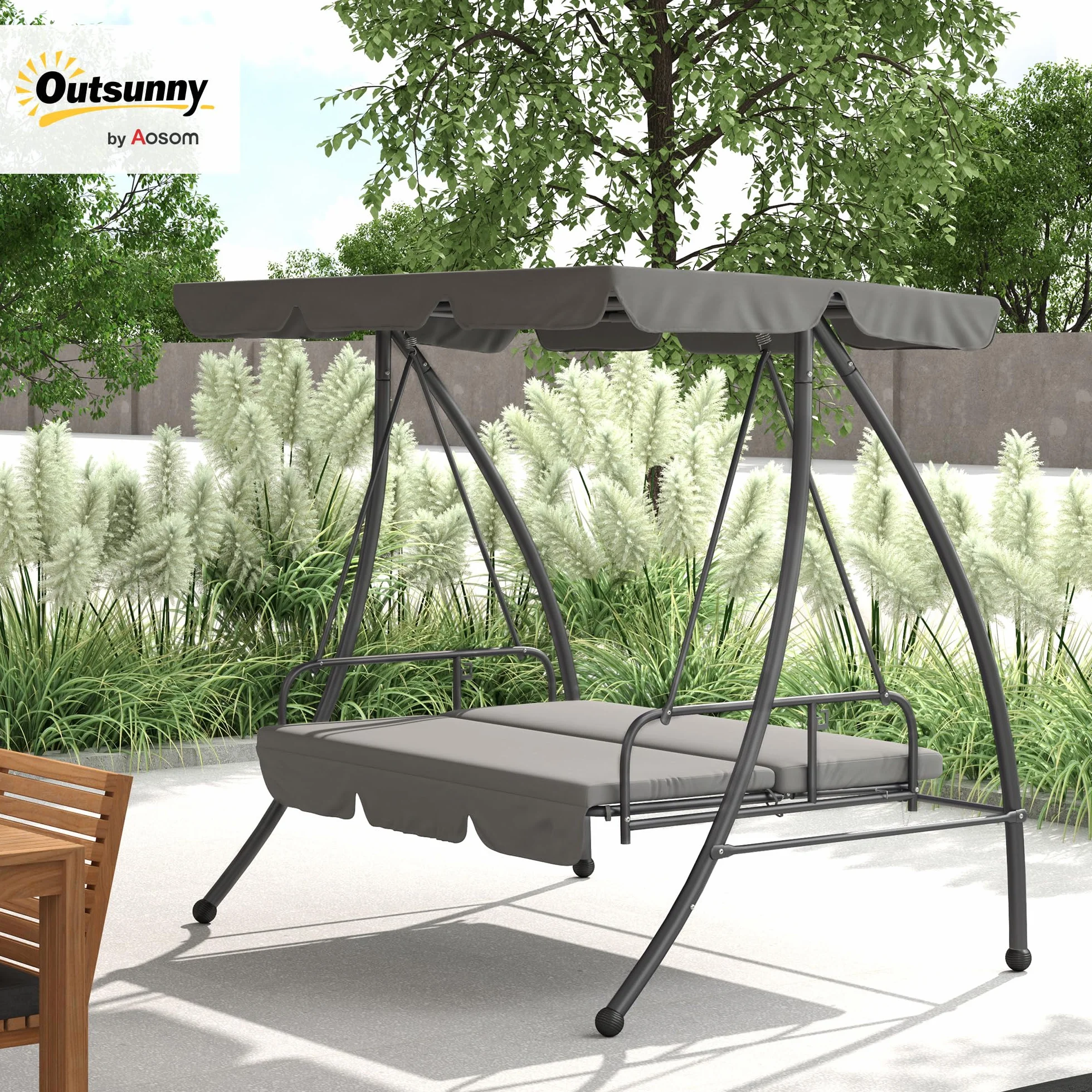Outsunny Balancelle de Jardin 3 Places Convertible Toit réglable Matelas fourni métal Polyester Noir Gris Clair