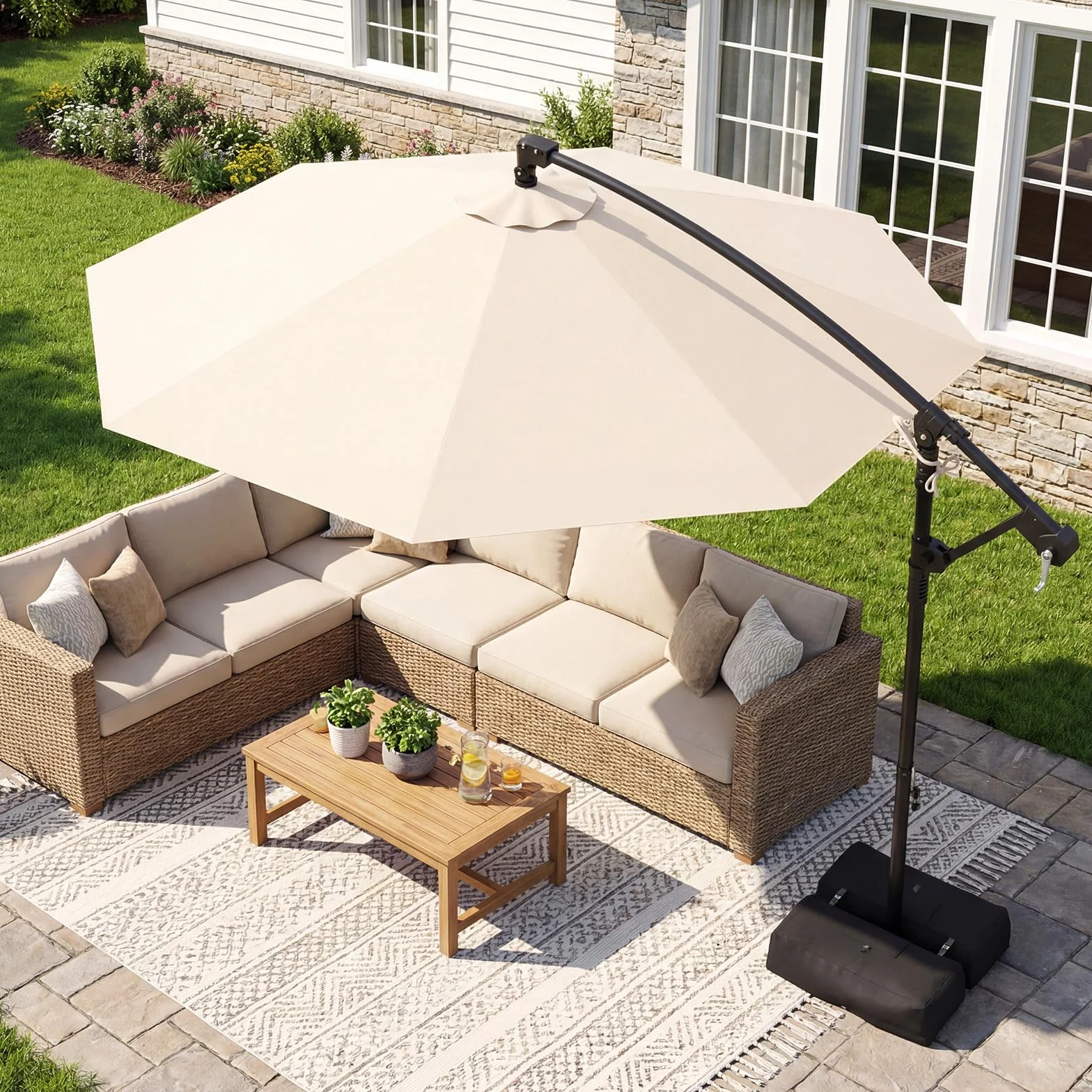 COSTWAY Parasol Déporté 3 x 3M, Parasol de Jardin Extérieur avec Pied, Rotation 360°, Anti-UV, 8 Baleines, Beige
