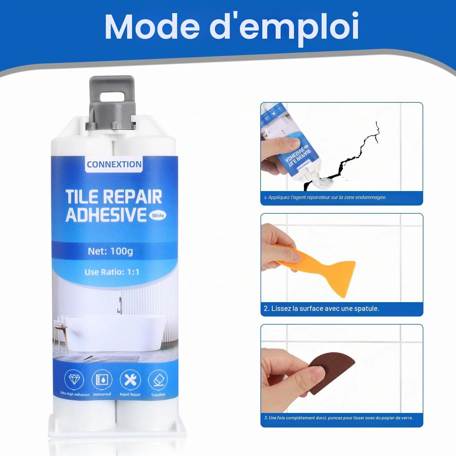 Kit de Reparation Baignoire Blanc 100g, Kit Réparation Carrelage et Evier Céramique, Kits Réparation Baignoire Acrylique et Email, pour Entailles, Rayures, Trous, Fissures