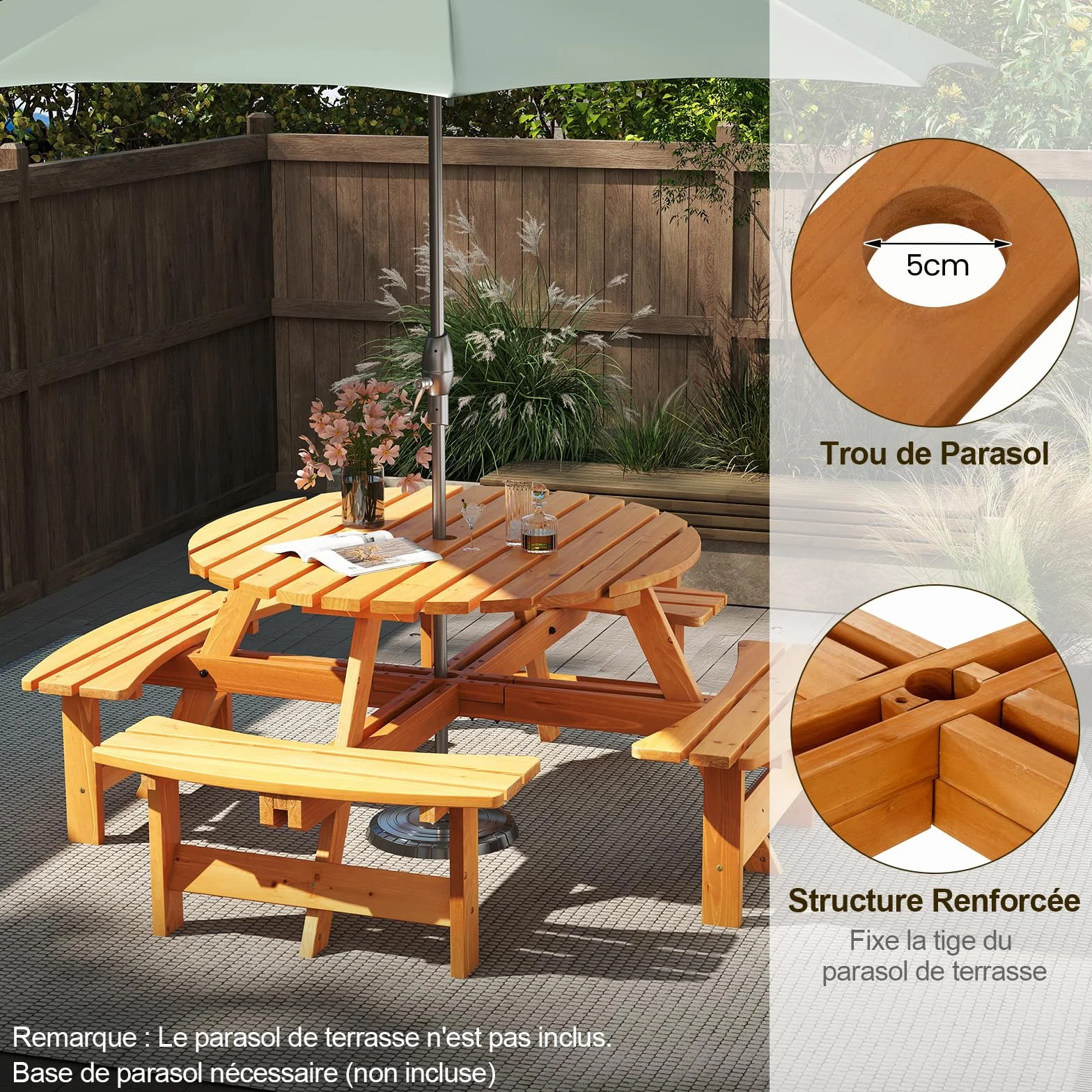 GOPLUS Table Pique-Nique Extérieur 8 Personnes, Salon de Jardin Rond avec 4 Bancs Intégrés, Trou Parasol 5 cm, Charge 100+250KG, Jaune
