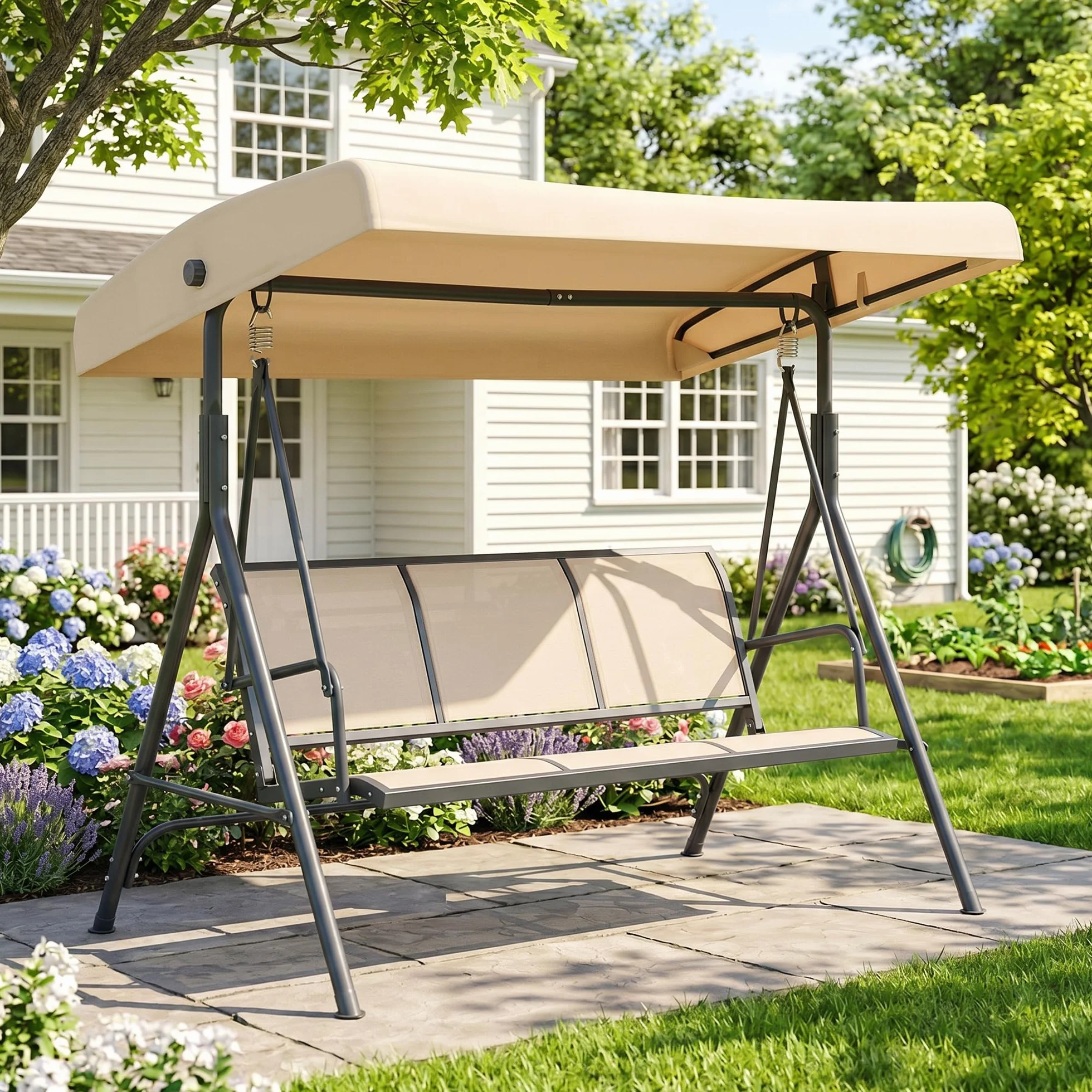 Outsunny Balancelle de Jardin 3 Places Toit Inclinaison réglable Acier époxy Beige