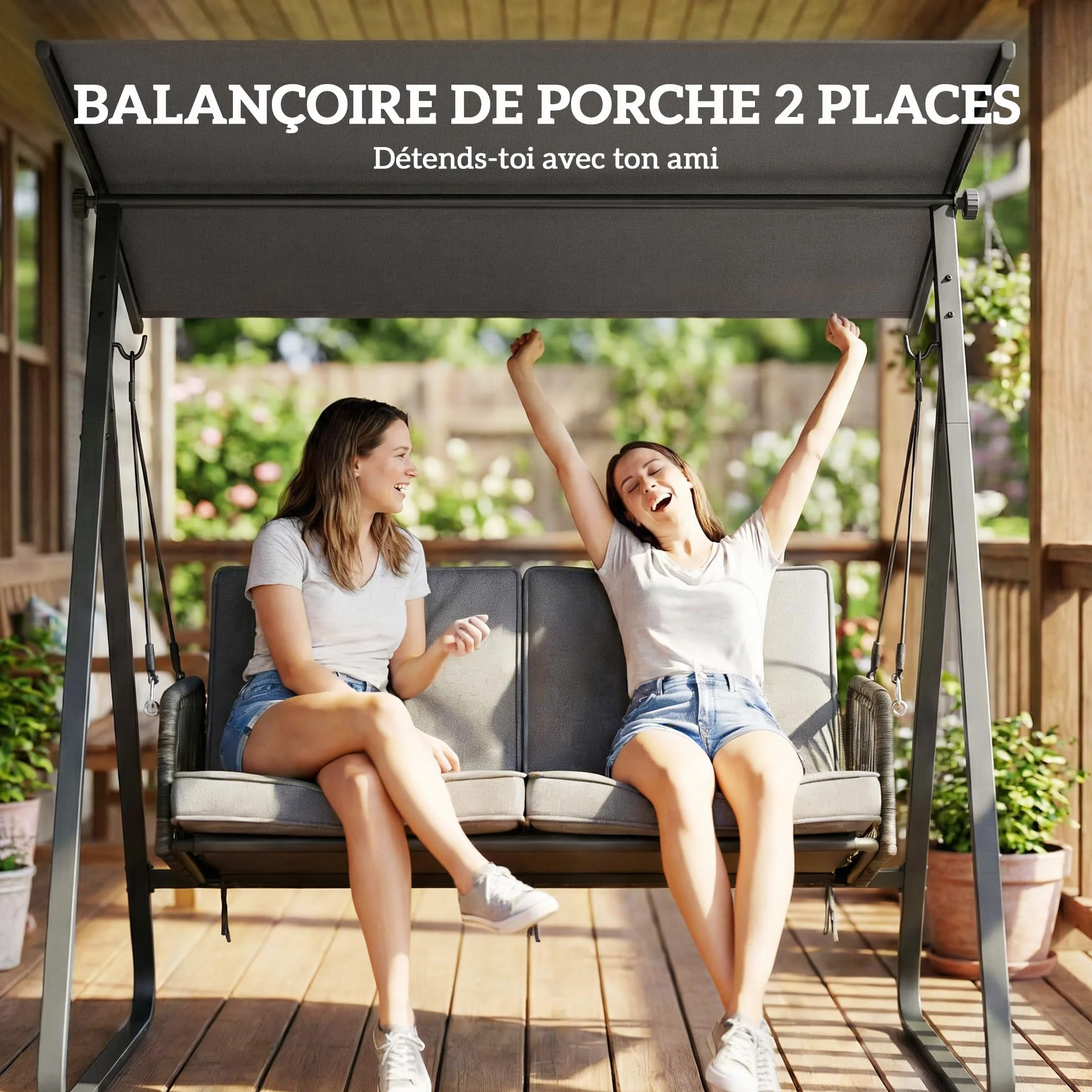 Outsunny Balancelle de Jardin 2 Places Résine Tressée Toit Réglable Coussin Épais Cadre Acier Charge 240 kg Gris 150x128x168cm