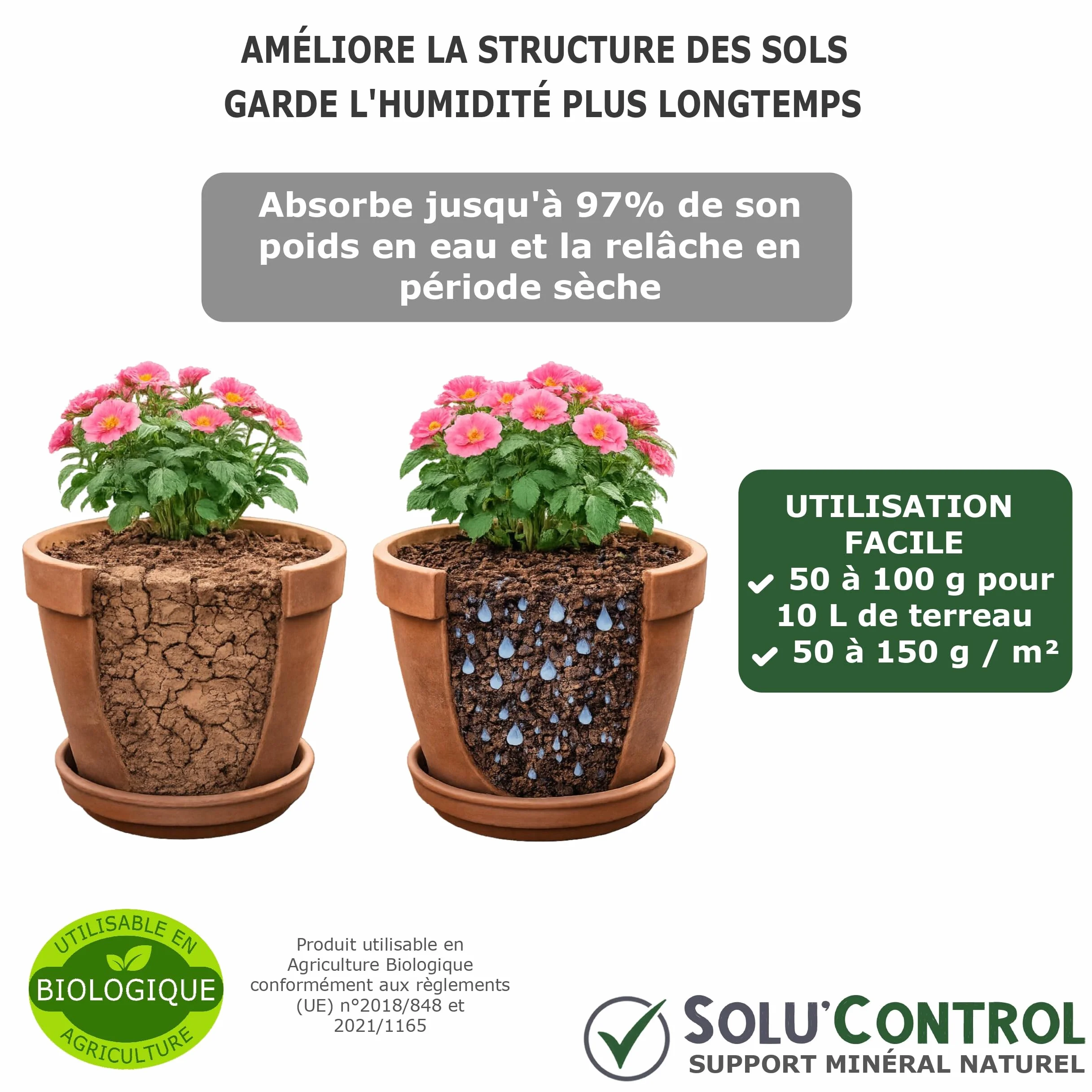 SOLU'CONTROL Argile Bentonite Naturelle 500 g – Améliore la Rétention en Eau des Sols et Terreaux – Agriculture Biologique