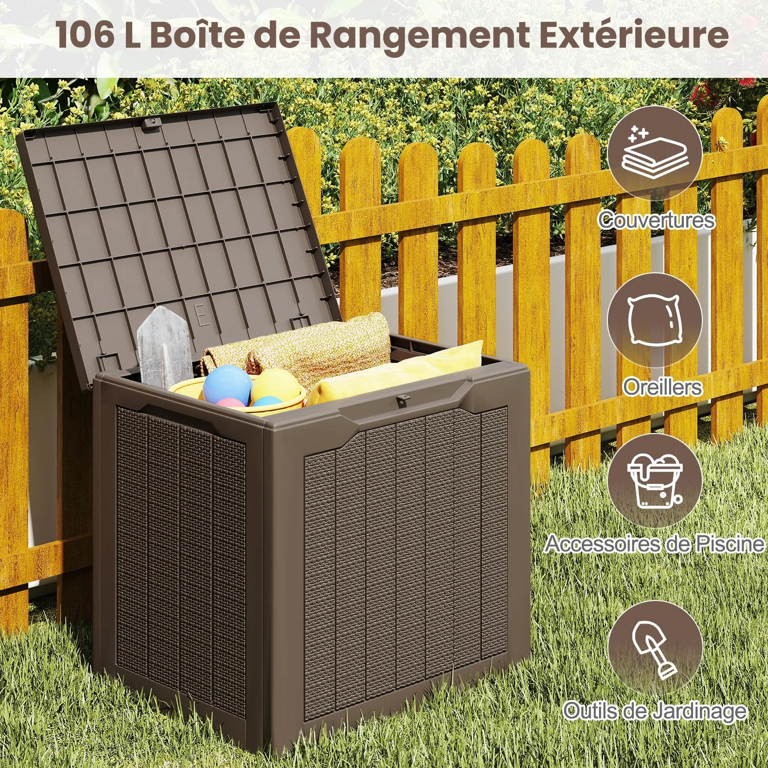 GOPLUS Coffre de Jardin Exterieur Etanche 106L HDPE Verrouillable Charge 150KG