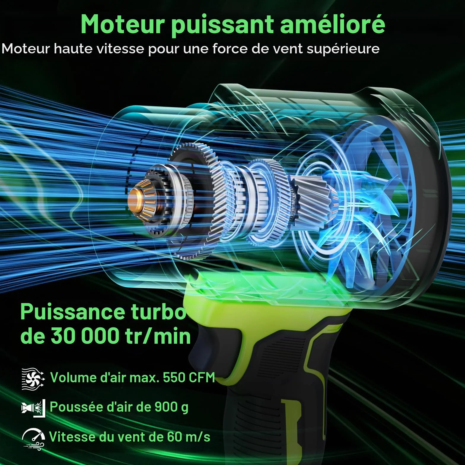 Souffleur à feuilles sans fil 21 V 4000 mAh avec 2 batteries et chargeur