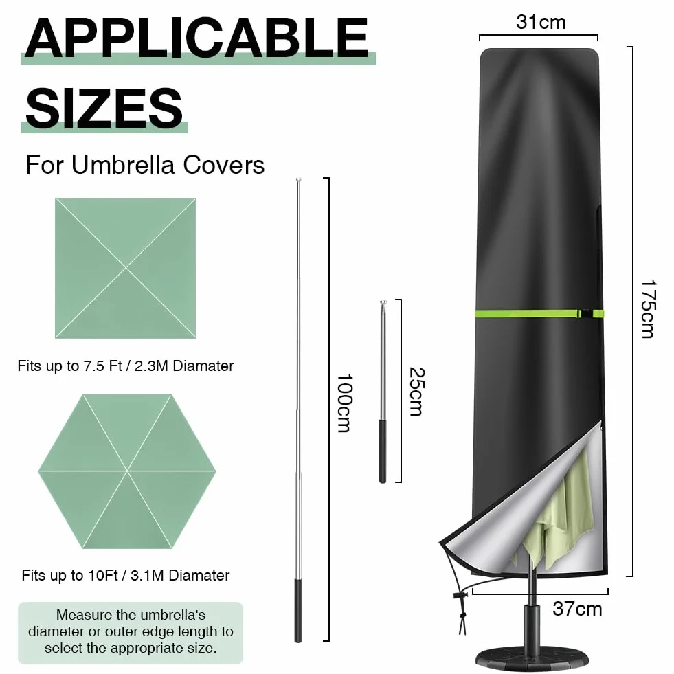 Ainiv Housse Parasol en Tissu Oxford 210D avec Mât Télescopique et Fermeture Éclair, Housse de Protection Imperméable Coupe-Vent Anti-UV