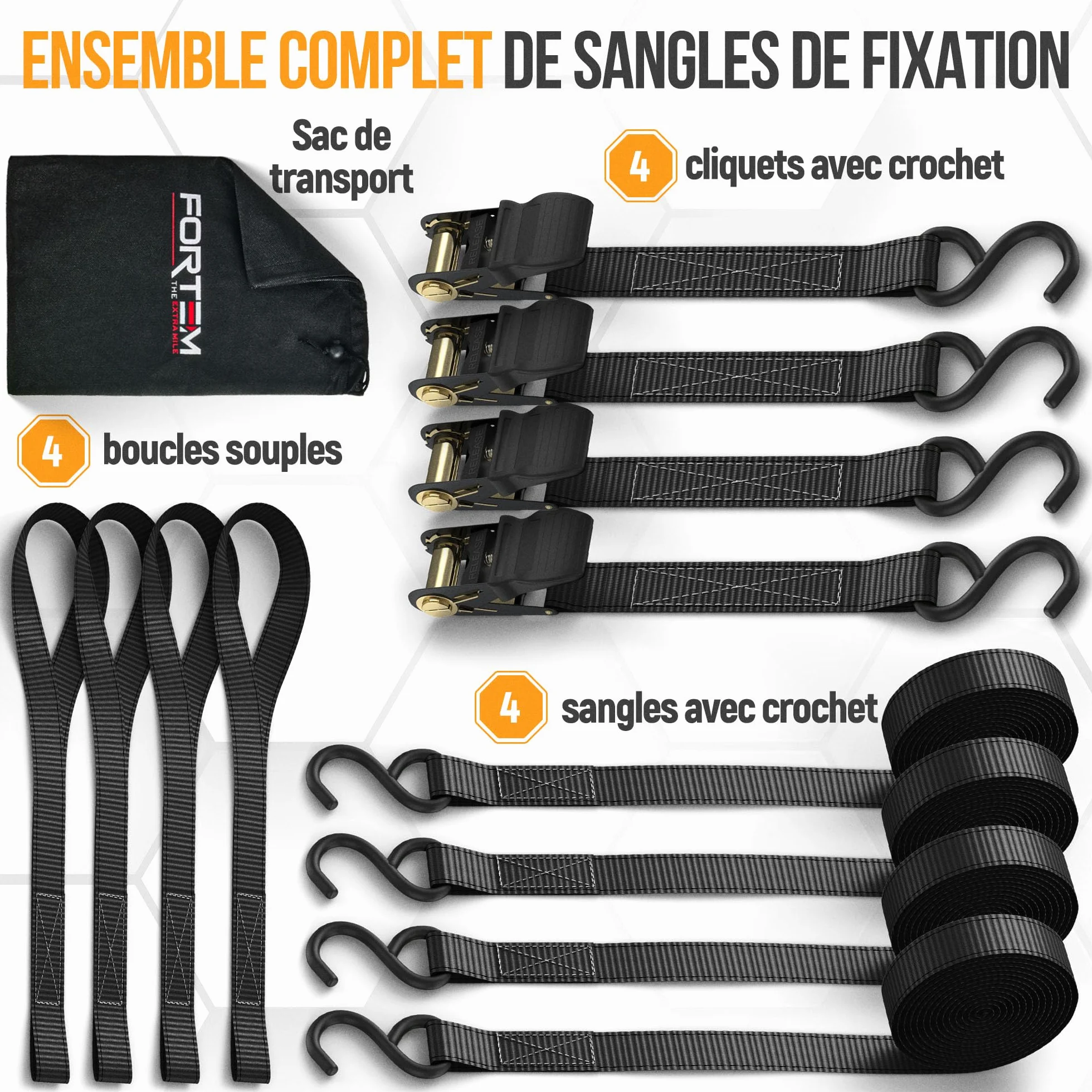 FORTEM Sangles d'Arrimage, Résistance 748 kg, 4 Sangles de Remorquage de 4,5 m, 4 Boucles Souples, Sangles Arrimage Moto, Anse Caoutchouc, Crochets Métal Enduit, Sac de Transport (Noir)