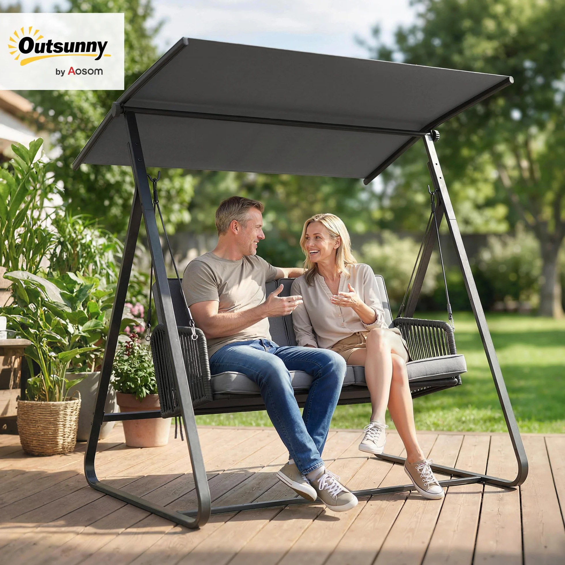 Outsunny Balancelle de Jardin 2 Places Résine Tressée Toit Réglable Coussin Épais Cadre Acier Charge 240 kg Gris 150x128x168cm