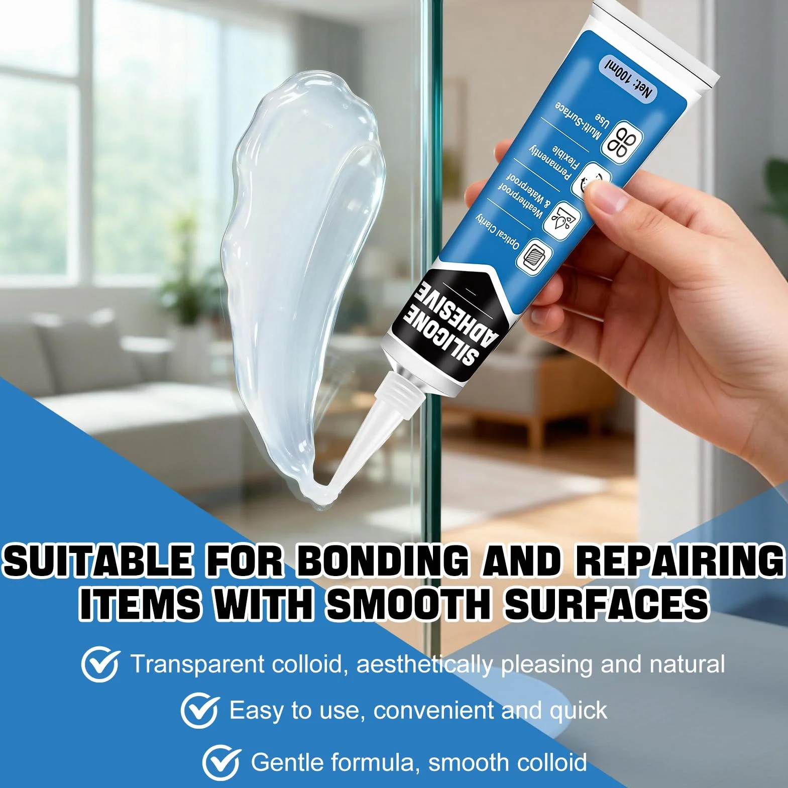 Silicone Transparent, Colle Plastique Extra Forte, Colle Silicone, Colle Transparente, Colle Résistante à L'eau, Durable, le Plastique, la Céramique et le Métal etc Surface Lisse, 100ML