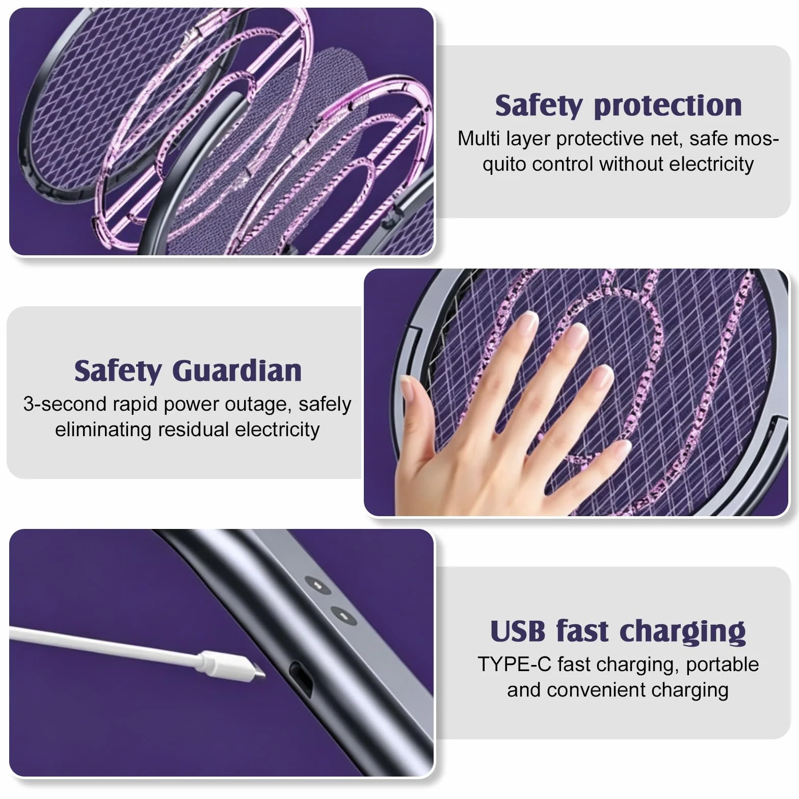 Raquette Électrique Anti Moustique Rechargeable 3000V avec Tête Rotative et Extension Télescopique