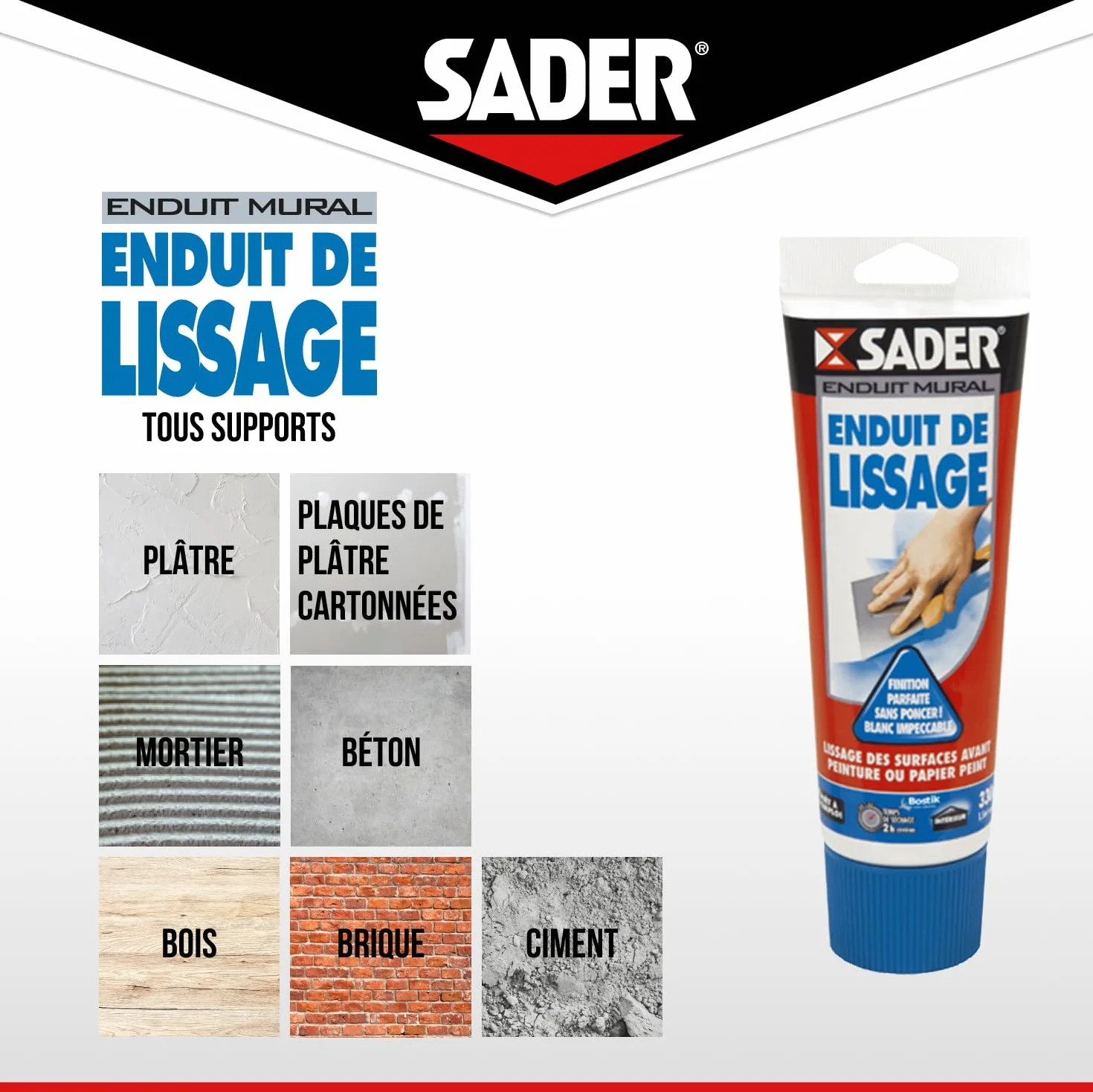 Sader Enduit de Lissage Prêt à l'Emploi en Pâte – Enduit Mur Intérieur et Plafond – Utilisable comme Joint Plaque de Plâtre, Rebouche Trou Jusqu'à 2 mm et Bouche Pore Bois – Blanc – Tube 330 g