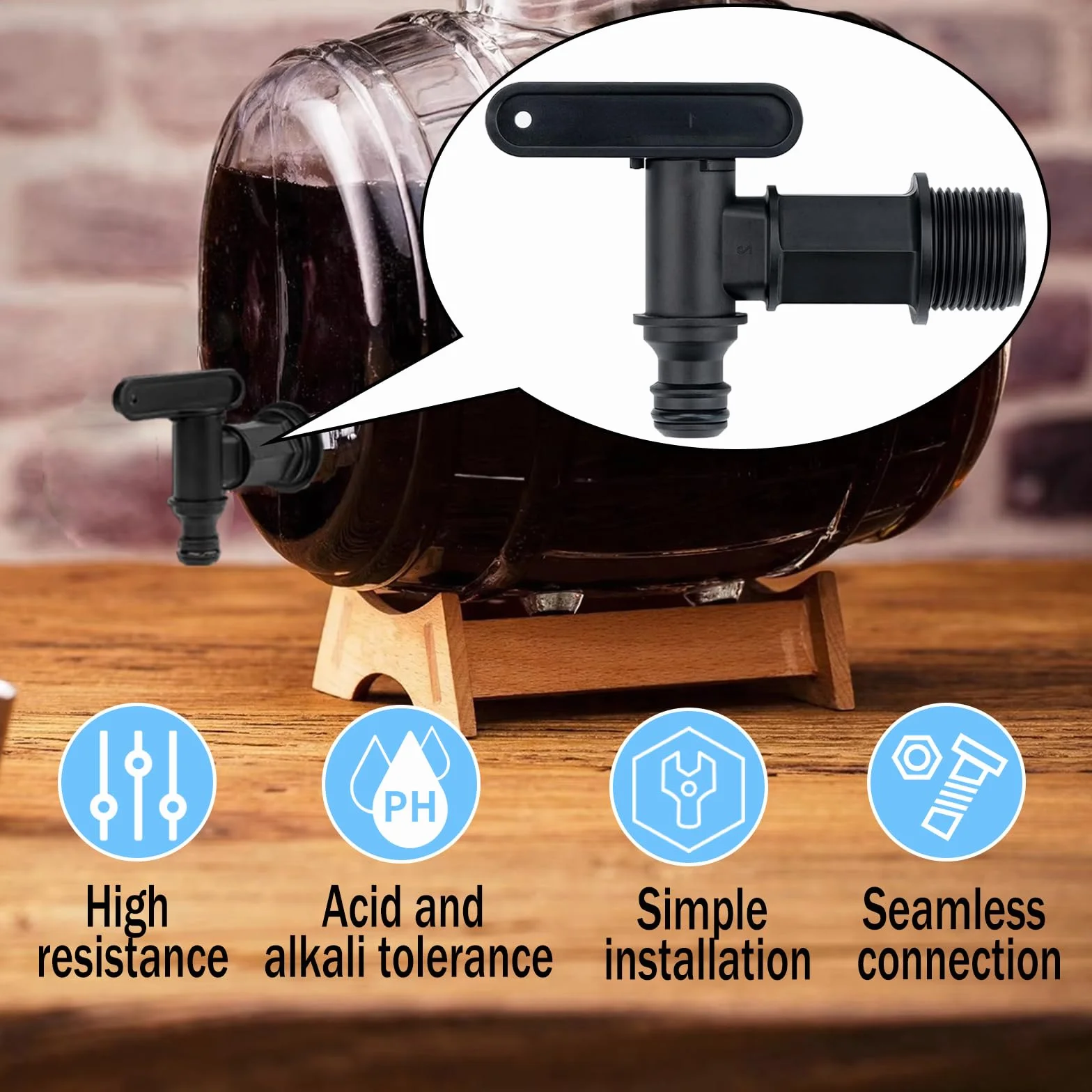 Lot de 2 robinets pour tonne à eau en plastique avec joint et perceur, adaptateur 3/4 pouces, Noir