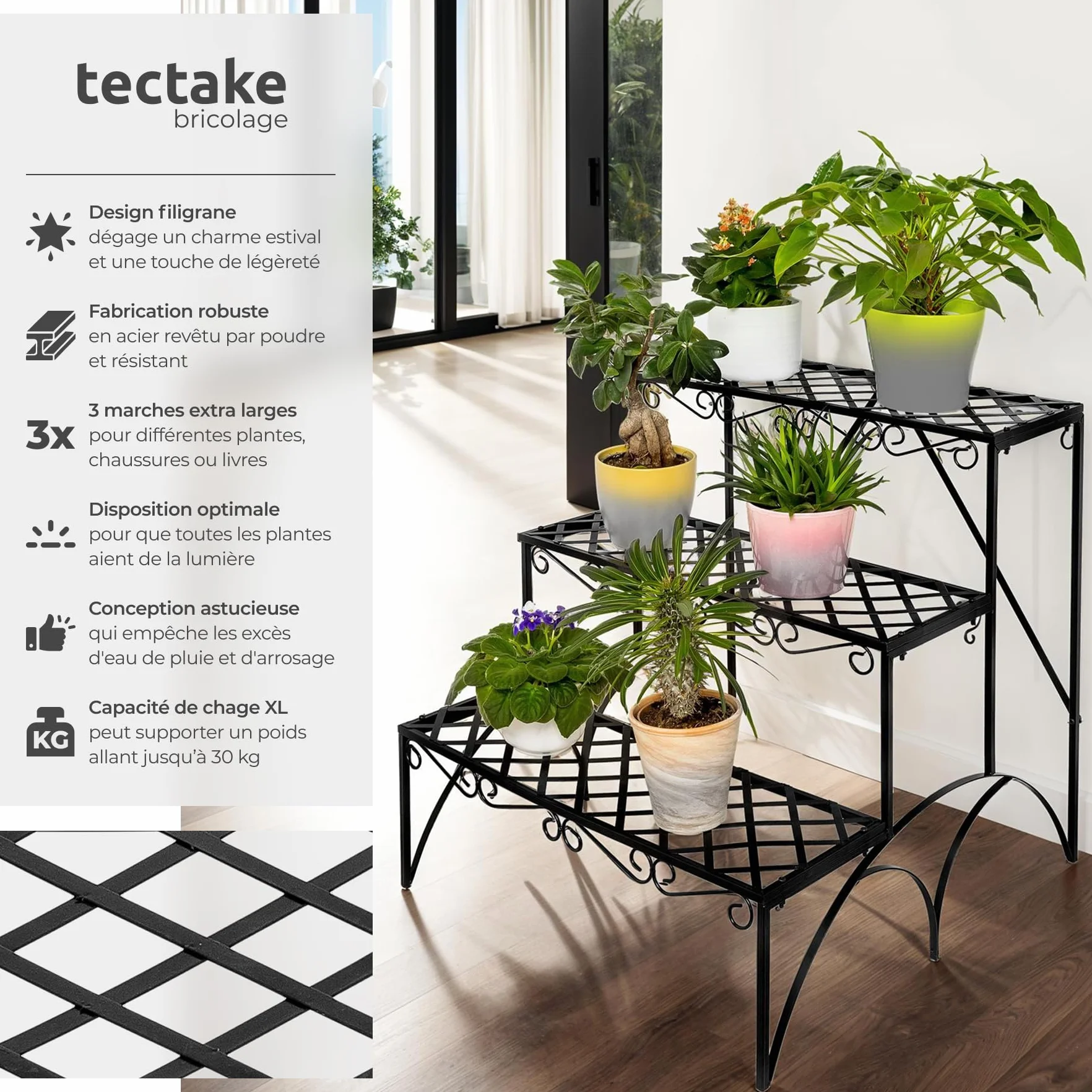 Tectake Étagère escalier droite Porte plante 3 niveaux métal 60 x 60 x 60cm Charge max 30kg