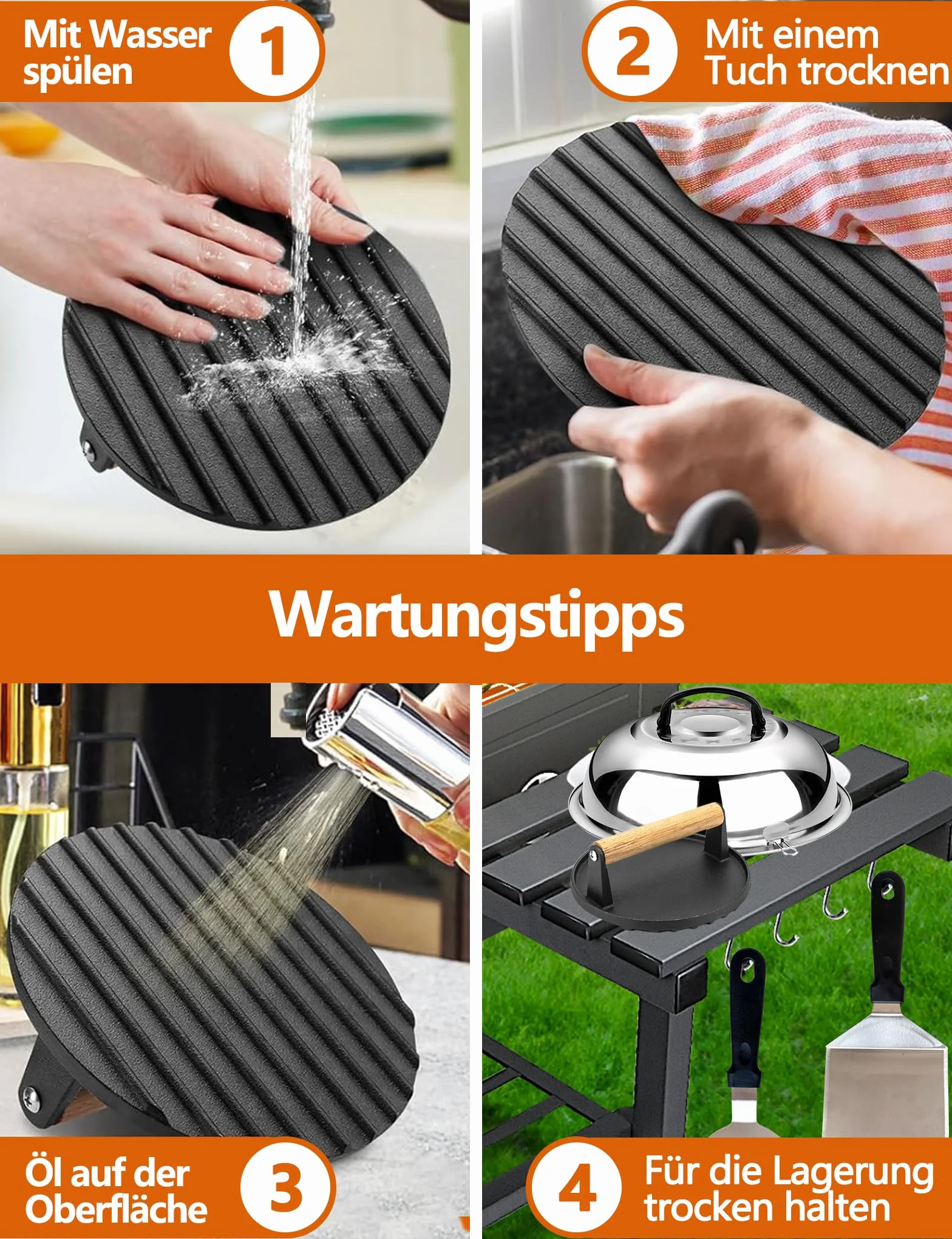 Kit Ustensiles Barbecue 4 pièces avec Presse Burger Fonte et Spatules Coudée Acier Inoxydable Cloche Plancha Smash Burger Press Set BBQ
