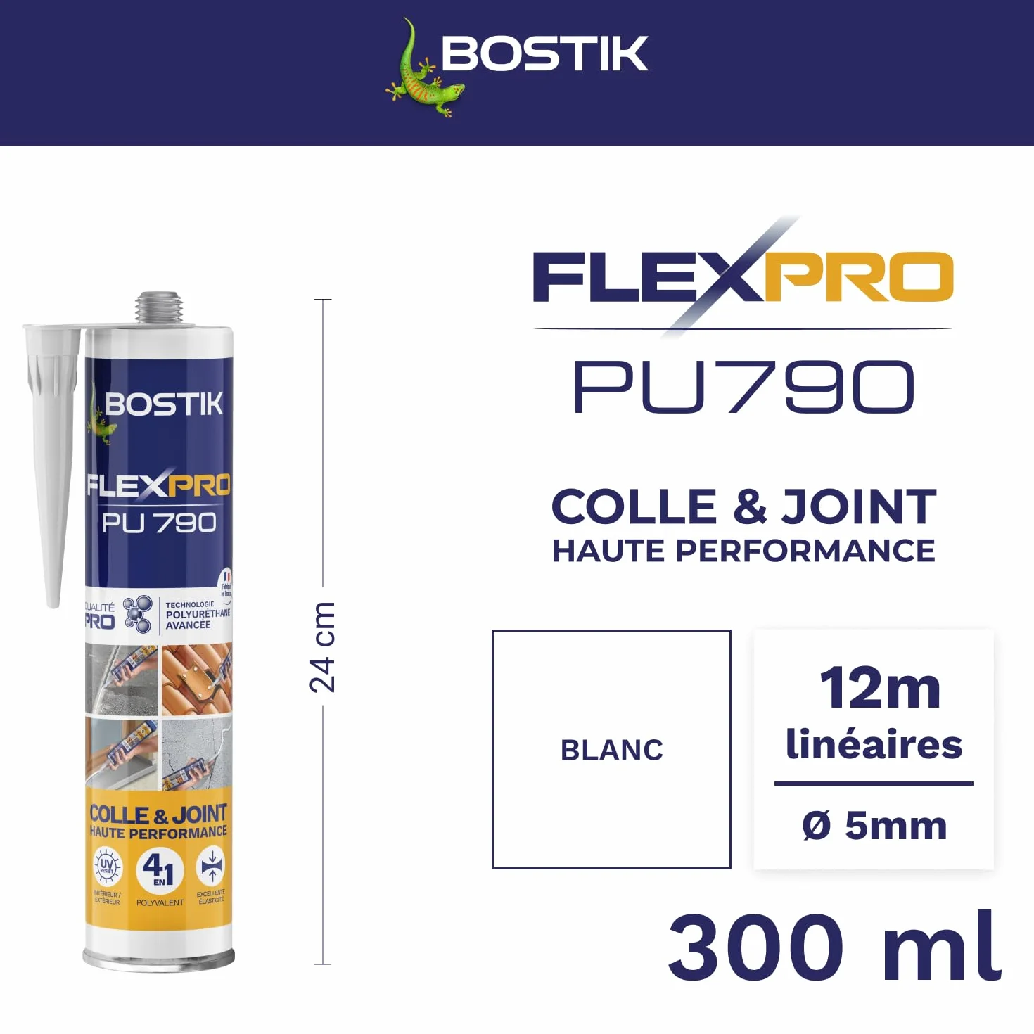 Bostik Colle Flexpro PU 790 Blanc – Mastic Colle et Jointe Multi-Usages – Tous Matériaux – Intérieur/Extérieur et Milieux Humides – Formule Polyuréthane Haute Performance – 300 ml