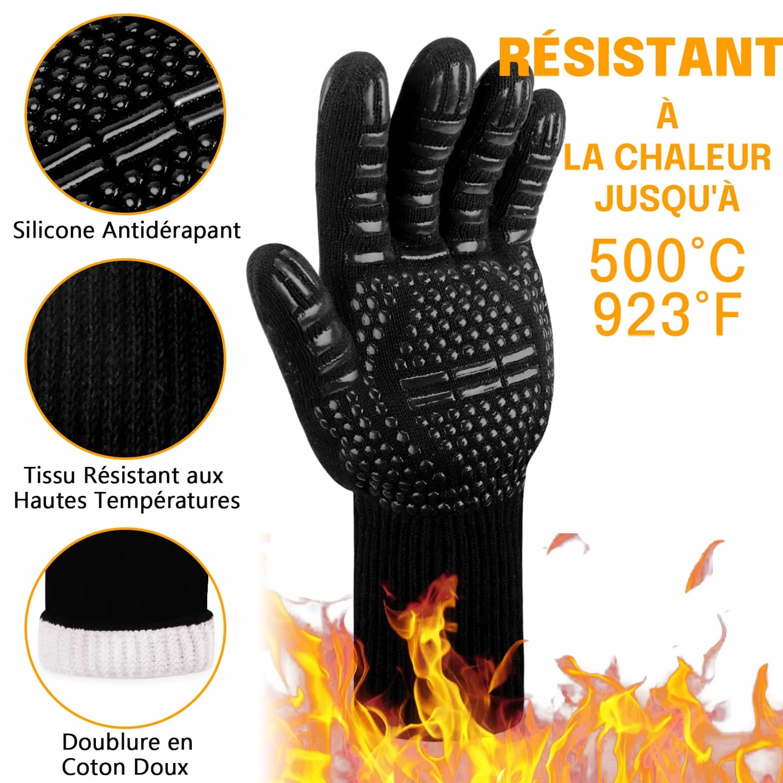Gants de Barbecue Résistant à la Chaleur 500°C en Silicone Antidérapants Reinalin L/XL/XXL