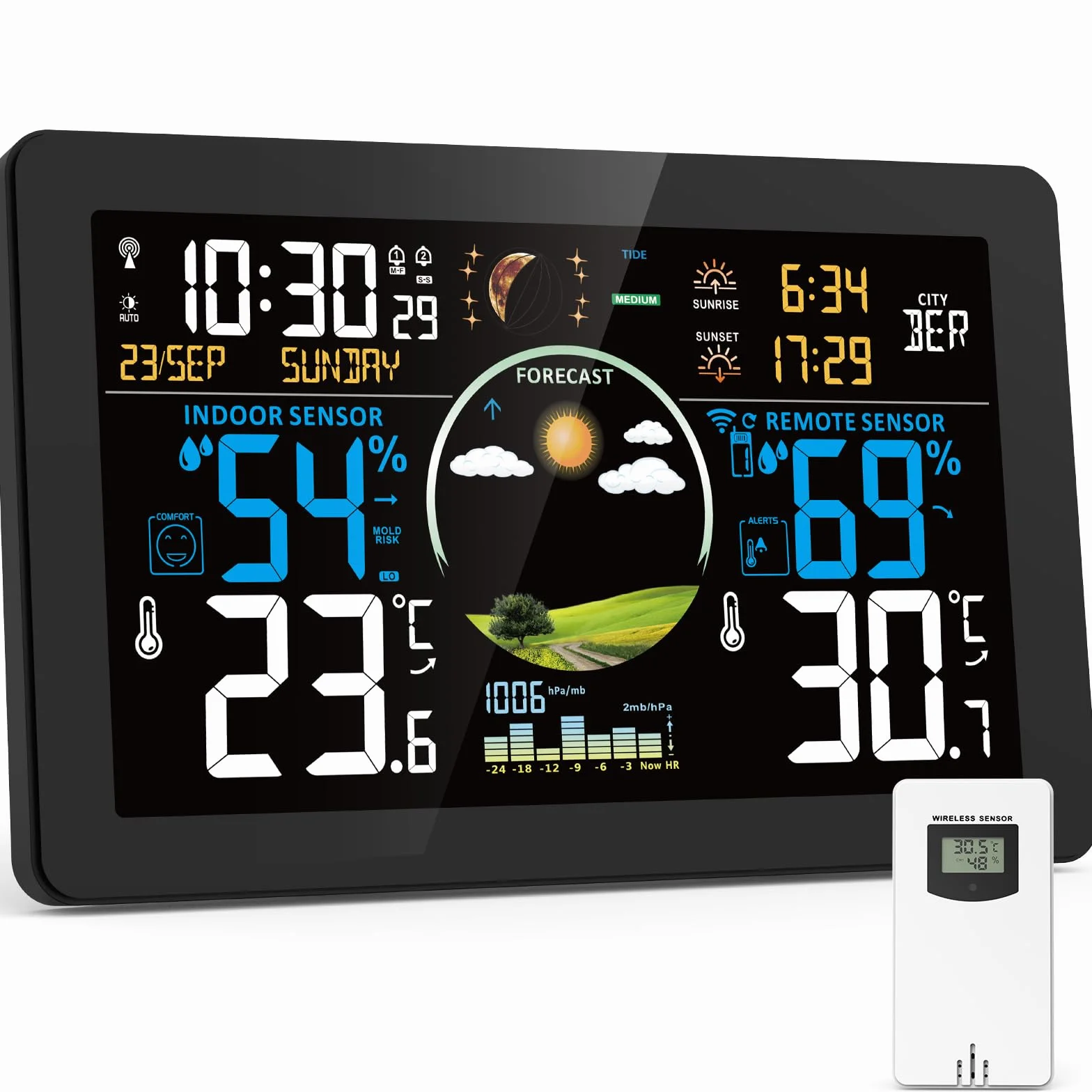 VIFLYKOO Station Météo Sans Fil 7,5" Écran VA Thermomètre Hygromètre Intérieur Extérieur avec Capteur Externe Baromètre Alarme