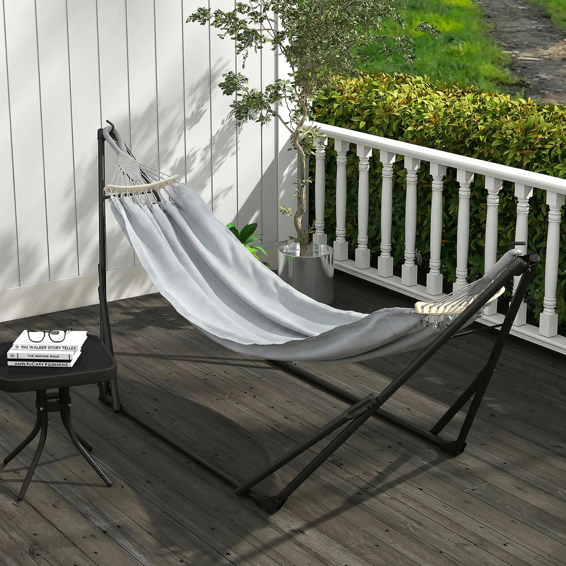 Outsunny Support Hamac Pliable Acier 2 en 1 Chaise Suspendue Sac Transport Inclus 268x89x100 cm Gris