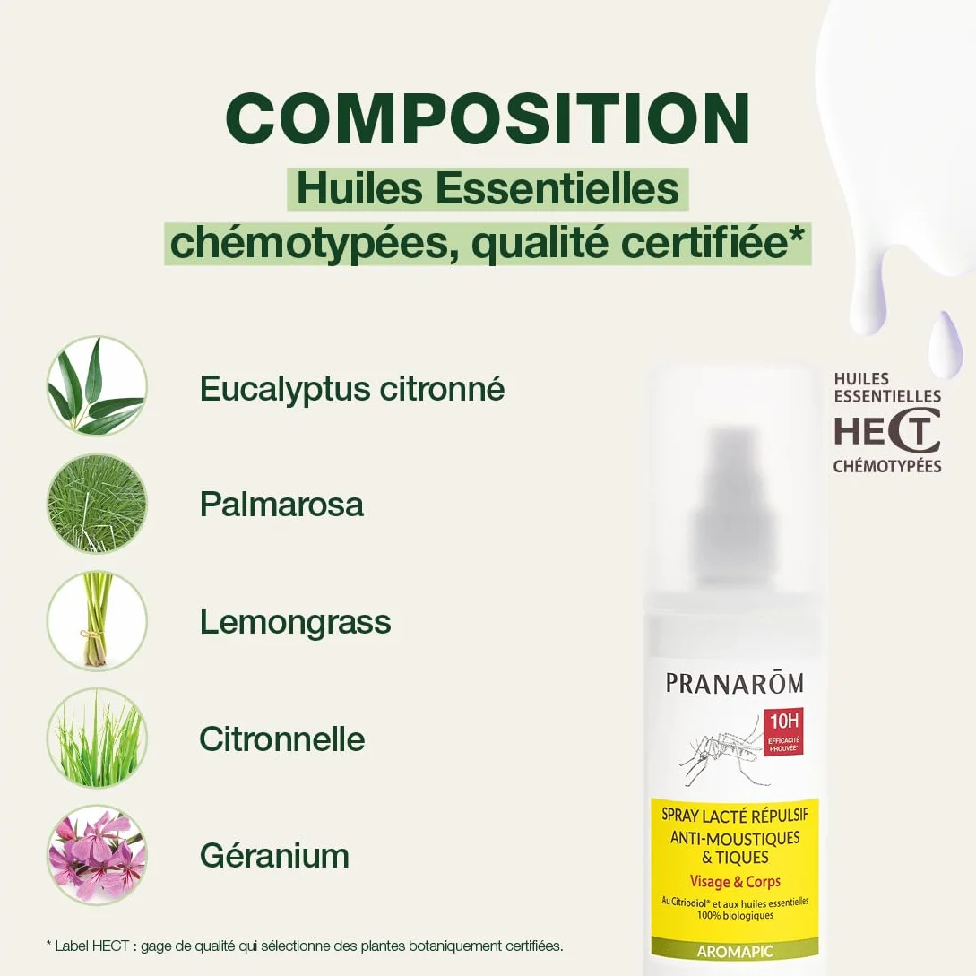 Pranarôm Aromapic Spray Lacté Répulsif Anti-moustiques Tiques Huiles Essentielles 100% BIO 100 ml