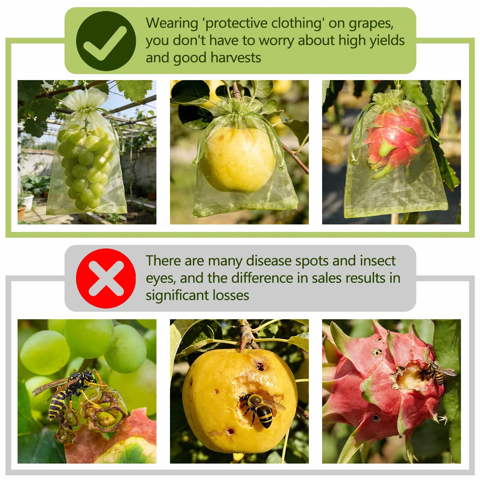 Sacs de Protection Fruits 30 x 40 cm Lot de 60 avec Cordon de Serrage et Pièges Adhésifs Jaunes