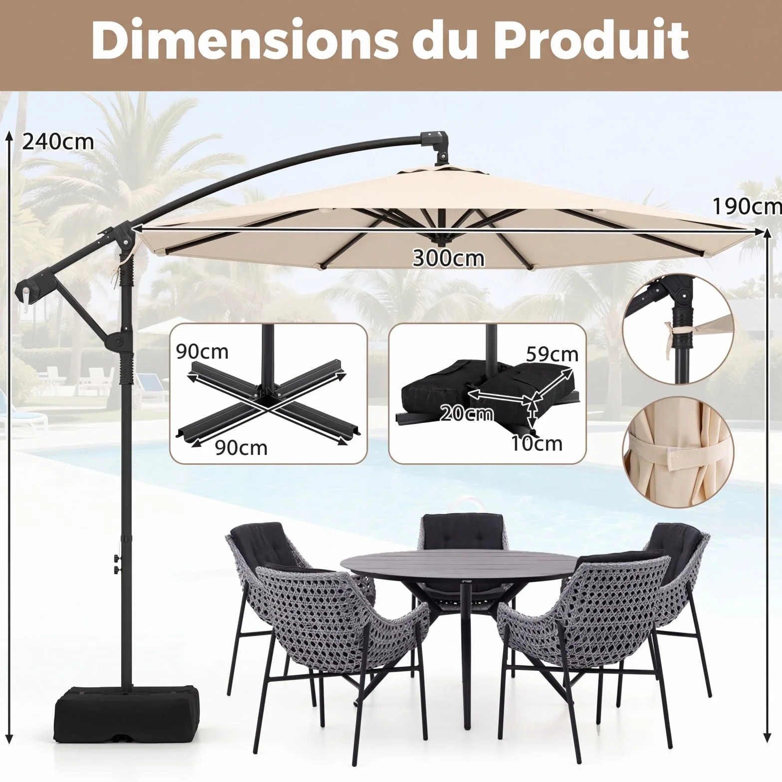 COSTWAY Parasol Déporté 3 x 3M, Parasol de Jardin Extérieur avec Pied, Rotation 360°, Anti-UV, 8 Baleines, Beige