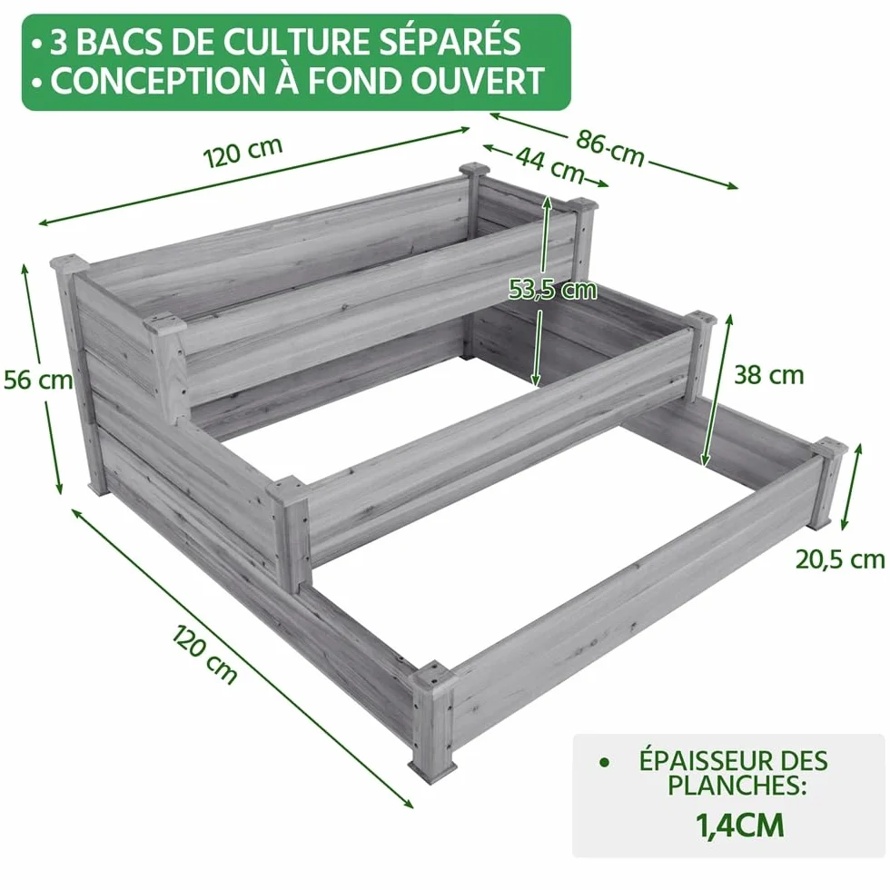 Yaheetech Carré à Plantes en Bois 120 x 120 x 56 cm Potager Surélevé 3 Étages