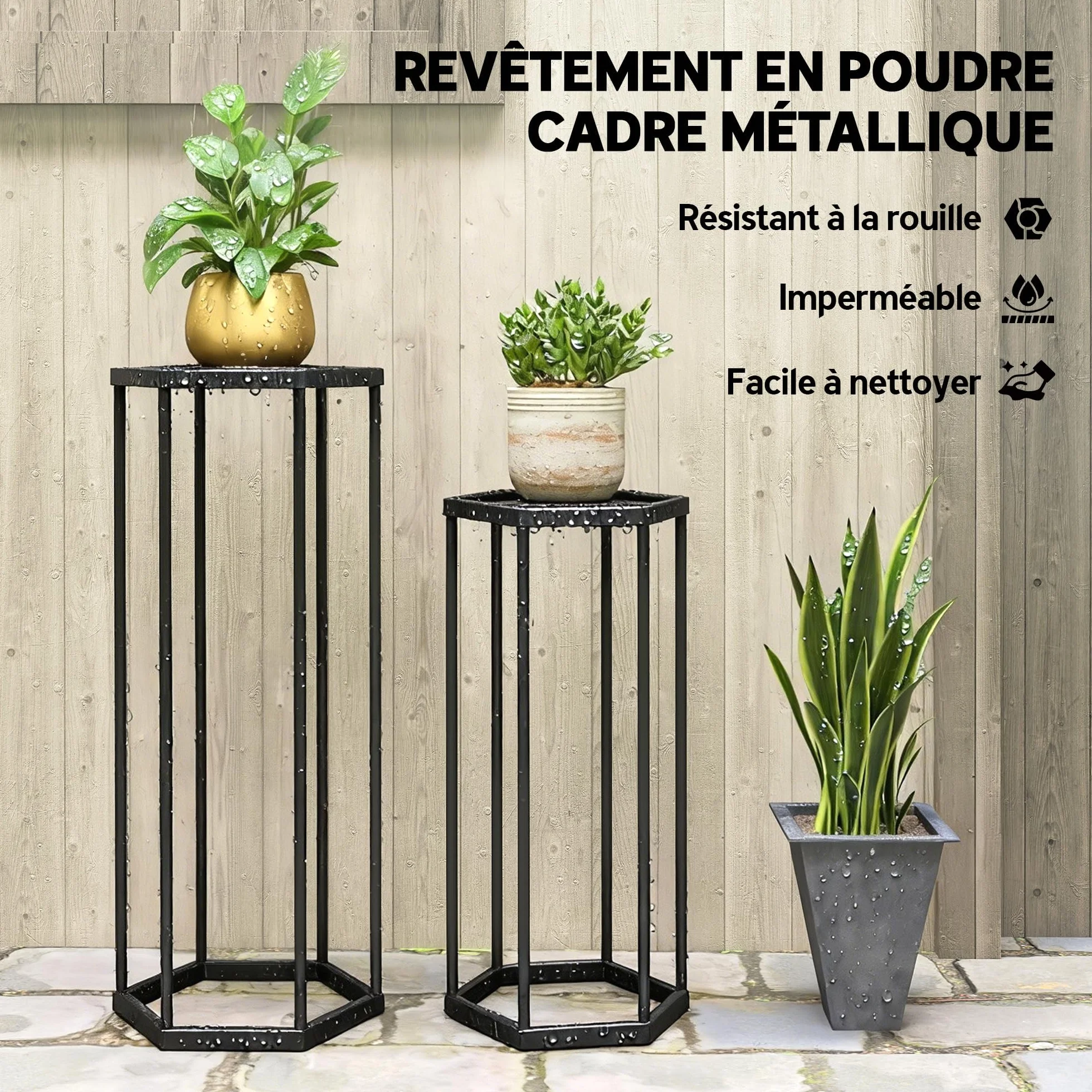 Outsunny Lot de 2 supports pour plantes hexagonal en métal noir, porte-plante haut intérieur extérieur