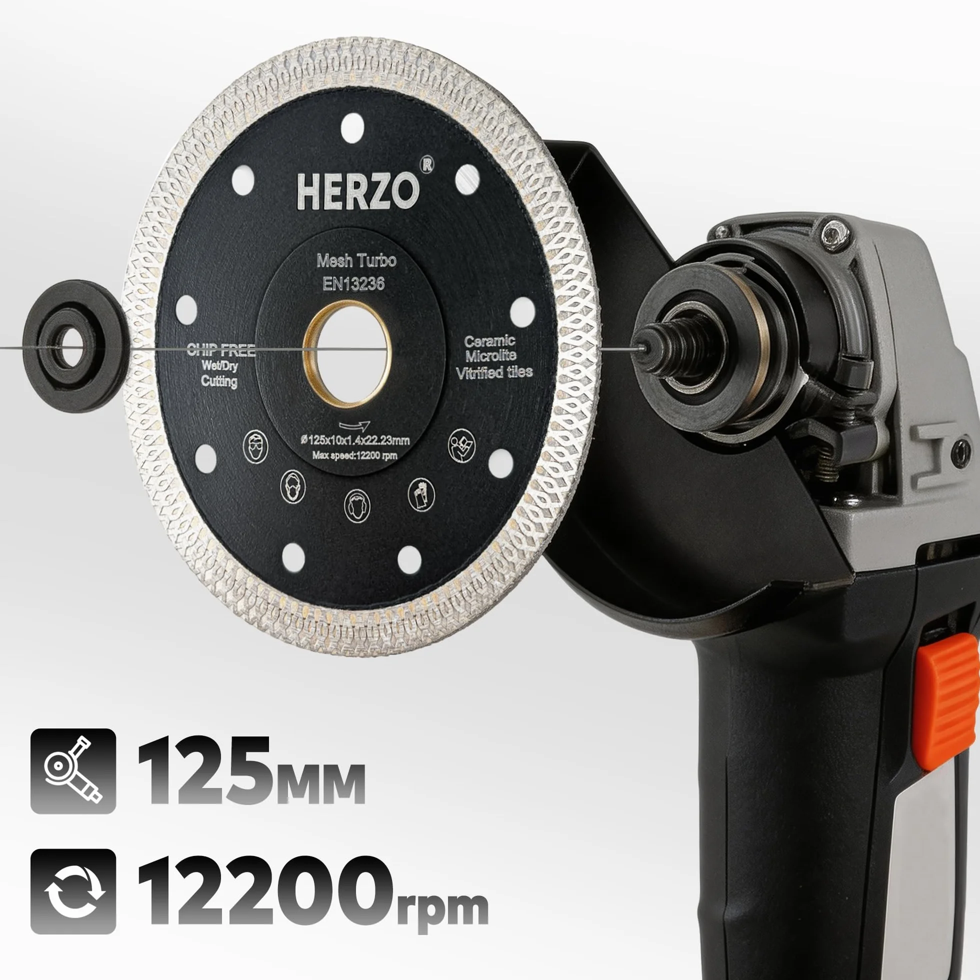 HERZO Disque Diamant 125 mm x 22,23 mm pour Carrelage - Disque Diamant 125 mm pour Carrelage, Grès Cérame, Porcelaine et Céramique
