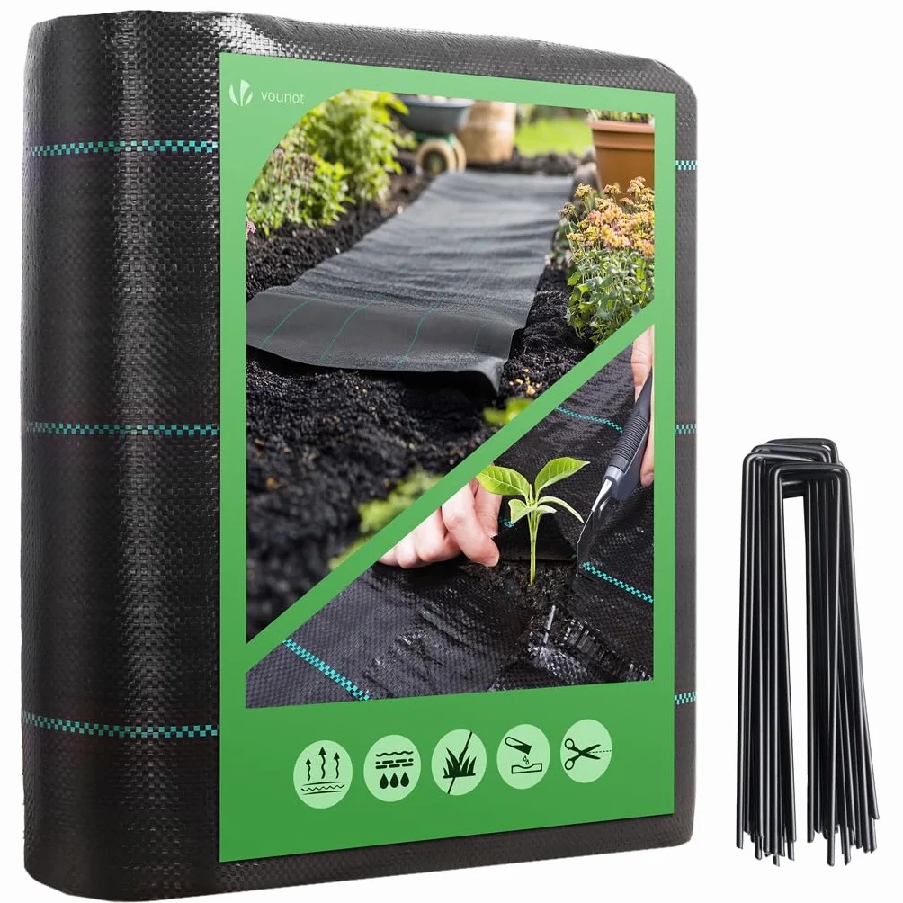 VOUNOT® Toile de Paillage 2Mx10M Anti-UV 100g/m2 Fibres de Polypropylène Tissées avec 30 Piquets