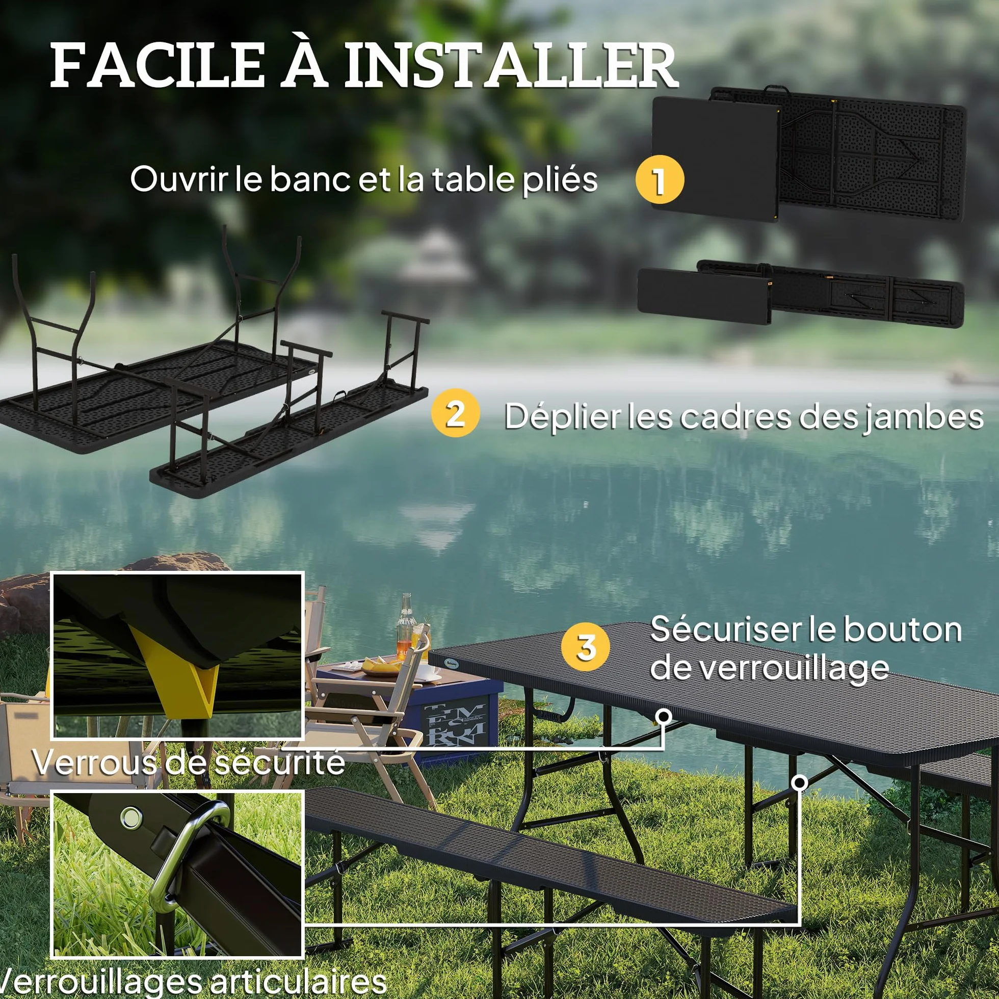 Outsunny Table Pliante Pique-Nique 180 cm Banc Camping Noir Rotin