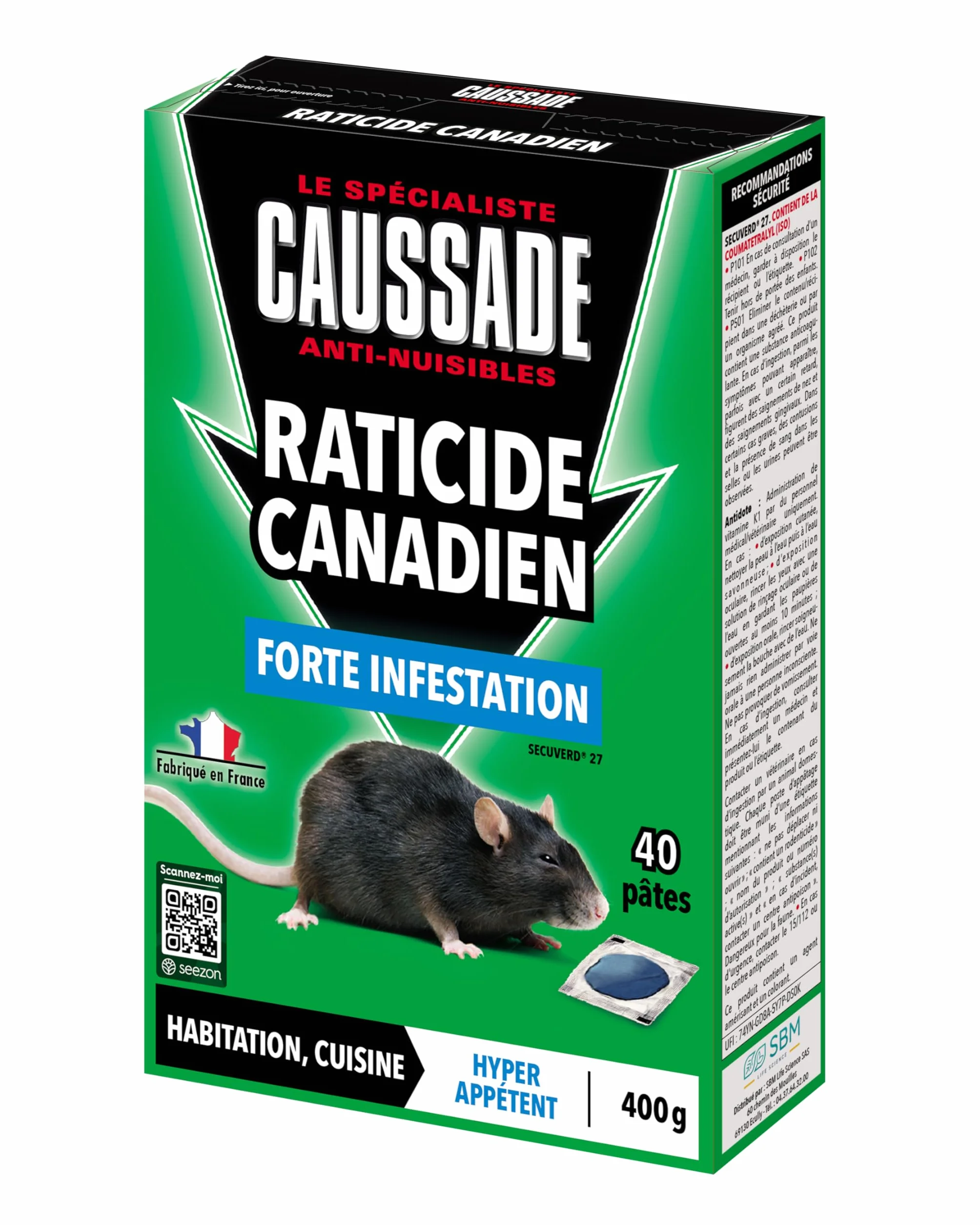 Caussade Raticide Canadien Anti Rats Souris 40 Appâts Pâtes 400g Prêt à l'emploi Fabriqué en France
