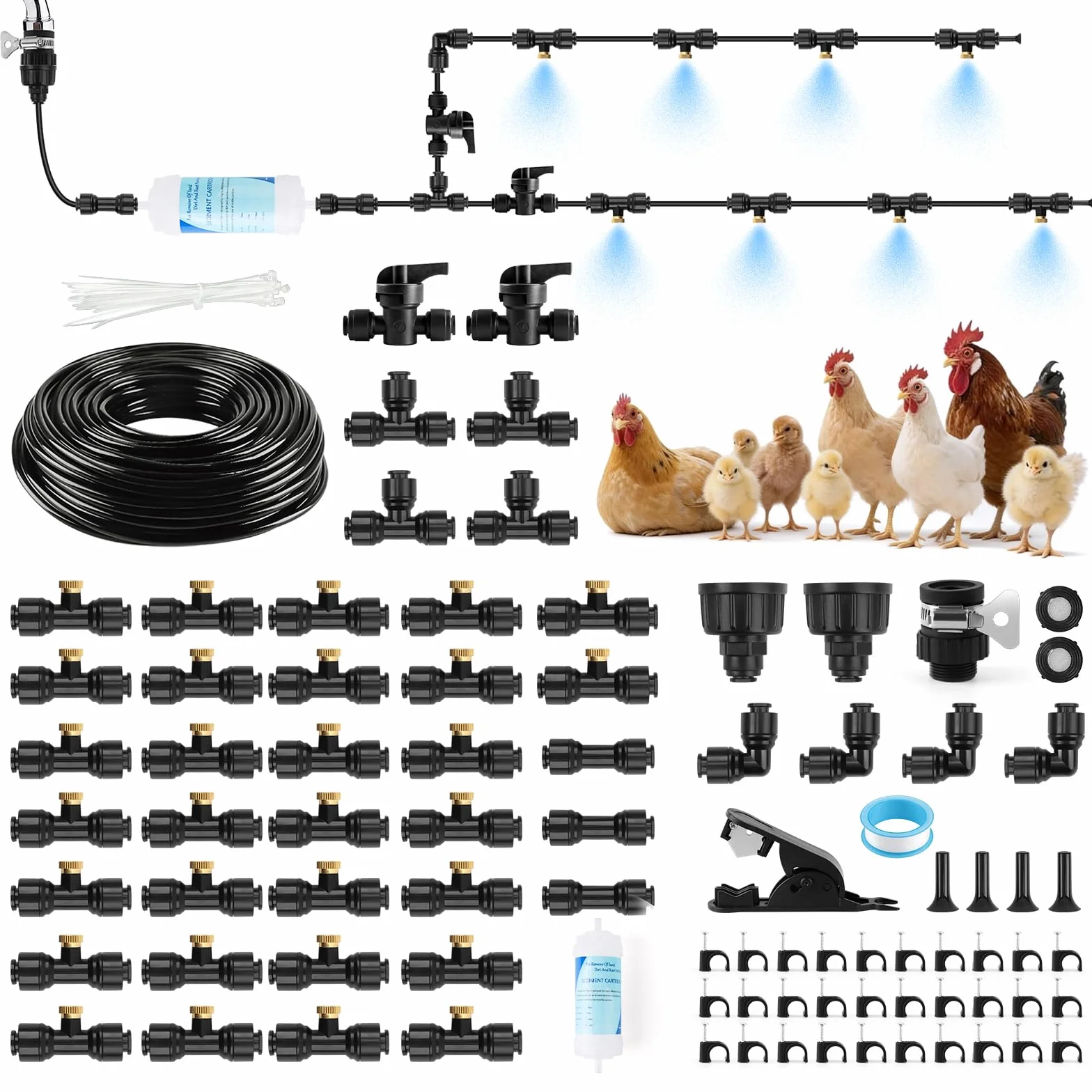 Système de Refroidissement par Brumisation Poulailler 30 m Tuyau 1/4" 30 Raccords Rapides Type T