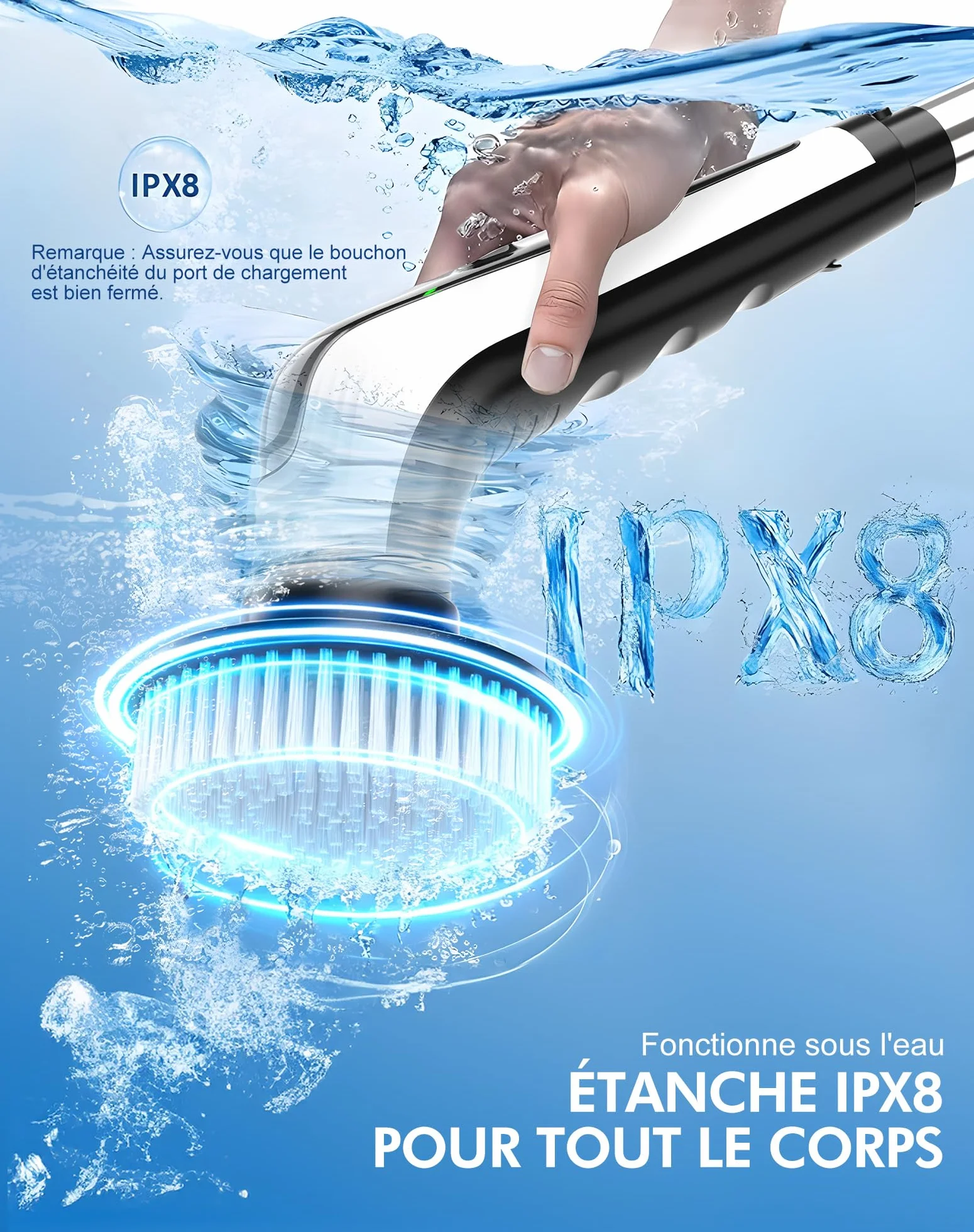 Brosse Rotative Nettoyage avec 9 Têtes, Manche Extensible 2 Vitesses, Batterie 3000mAh, Brosse Nettoyage Electrique étanche IPX8 pour Salle de Bain, Cuisine et Voiture