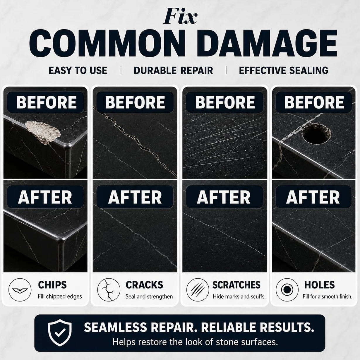 Kit Reparation Carrelage, Kit Réparation Receveur de Douche Résine, Colle Carrelage Kit de Réparation pour Comptoirs en Quartz et Marbre pour ébréchures, Trous, Bosses, Défauts, Rayures