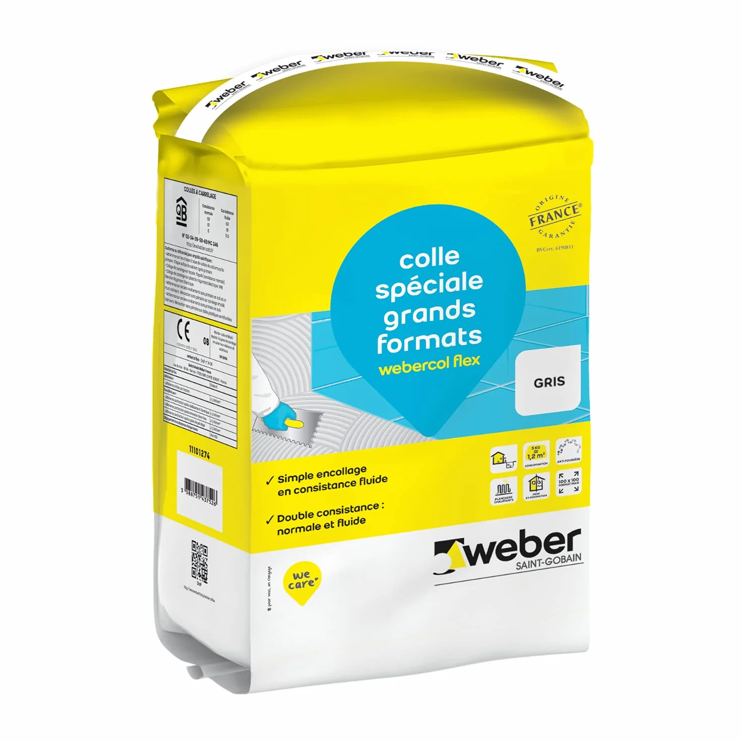 Weber Colle carrelage gris, 5kg, spéciale grands formats et planchers chauffants, Haut Rendement, WEBERCOL FLEX