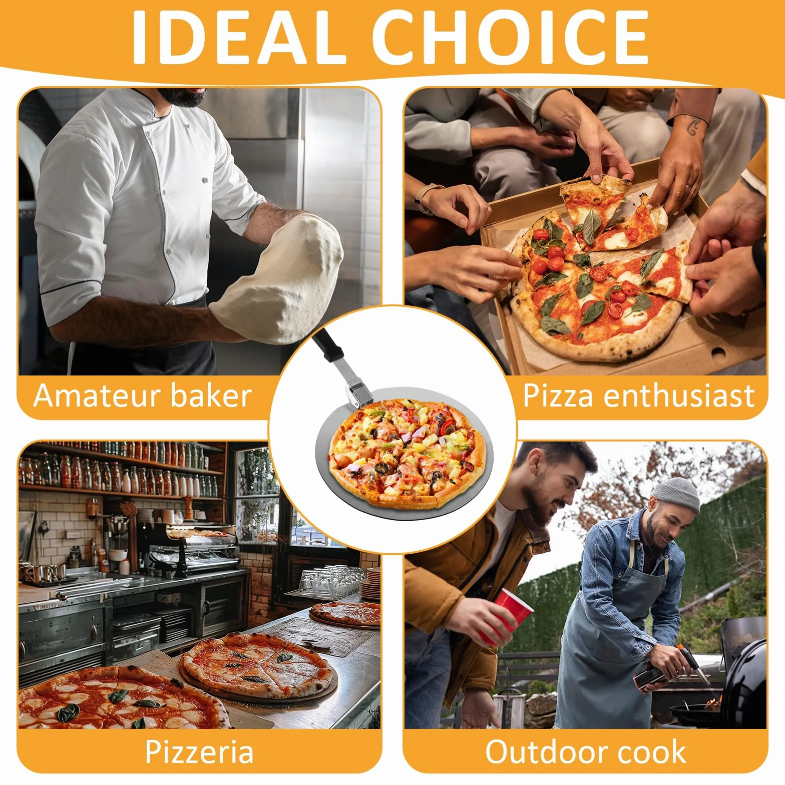 Spatule Pizza 10 Pouces Inoxydable avec Poignée Pliable, Plaque Pizza Barbecue 30.5x29.5cm