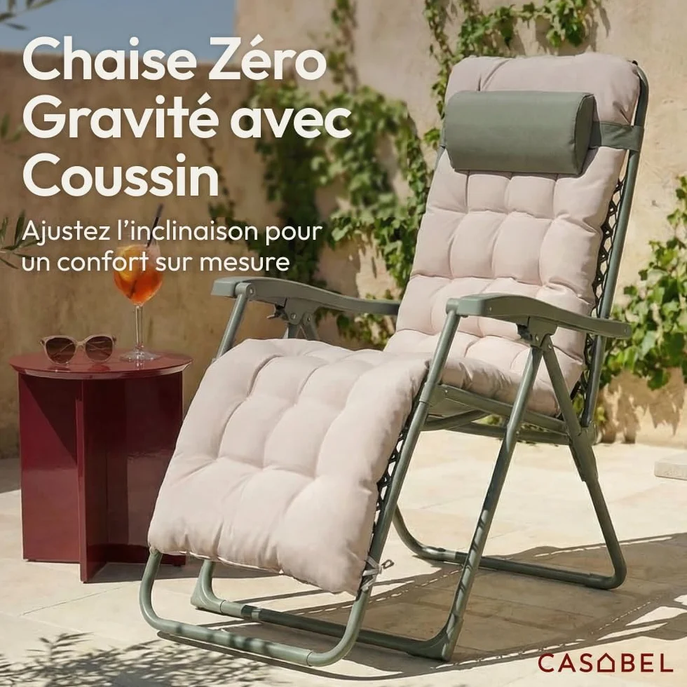 CASABEL Chaise Pliante Zéro Gravité Fauteuil Extérieur Inclinable Acier Anti-Rouille Toile Textilene Vert Sauge Coussin